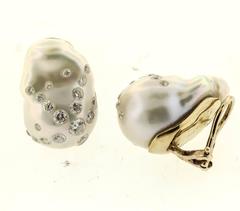 Russell Trusso Signed Diamond-Studded Baroque South Sea Pearl Earrings