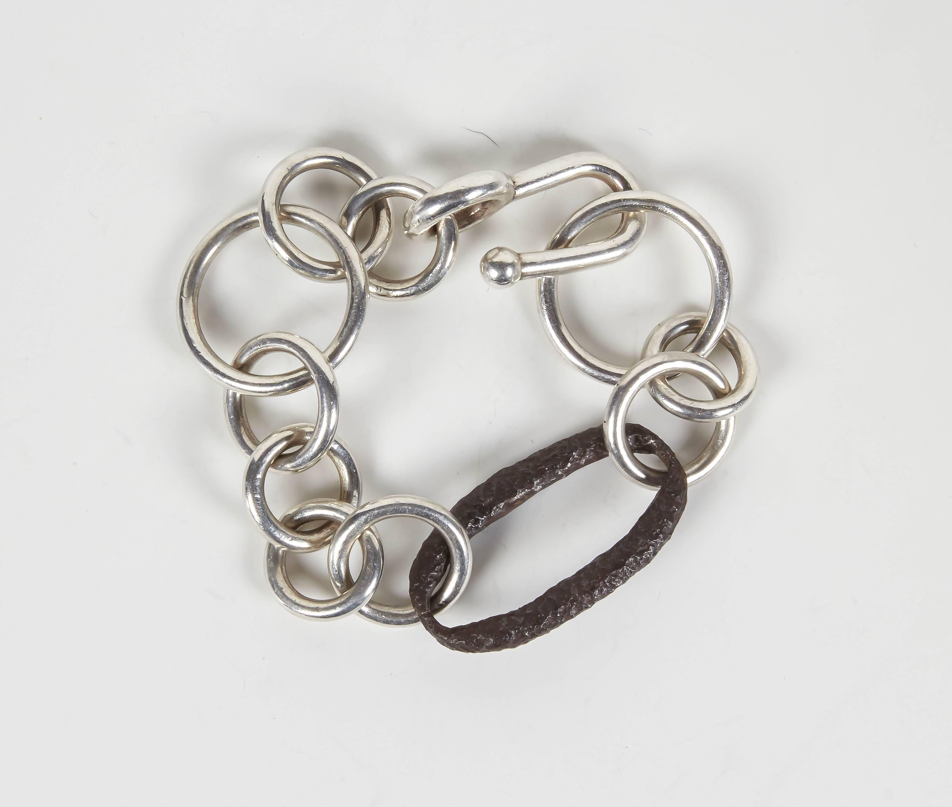 Jean Grisoni Sterling Silver Ring Bracelet with Oxydised Steel Oval Link
