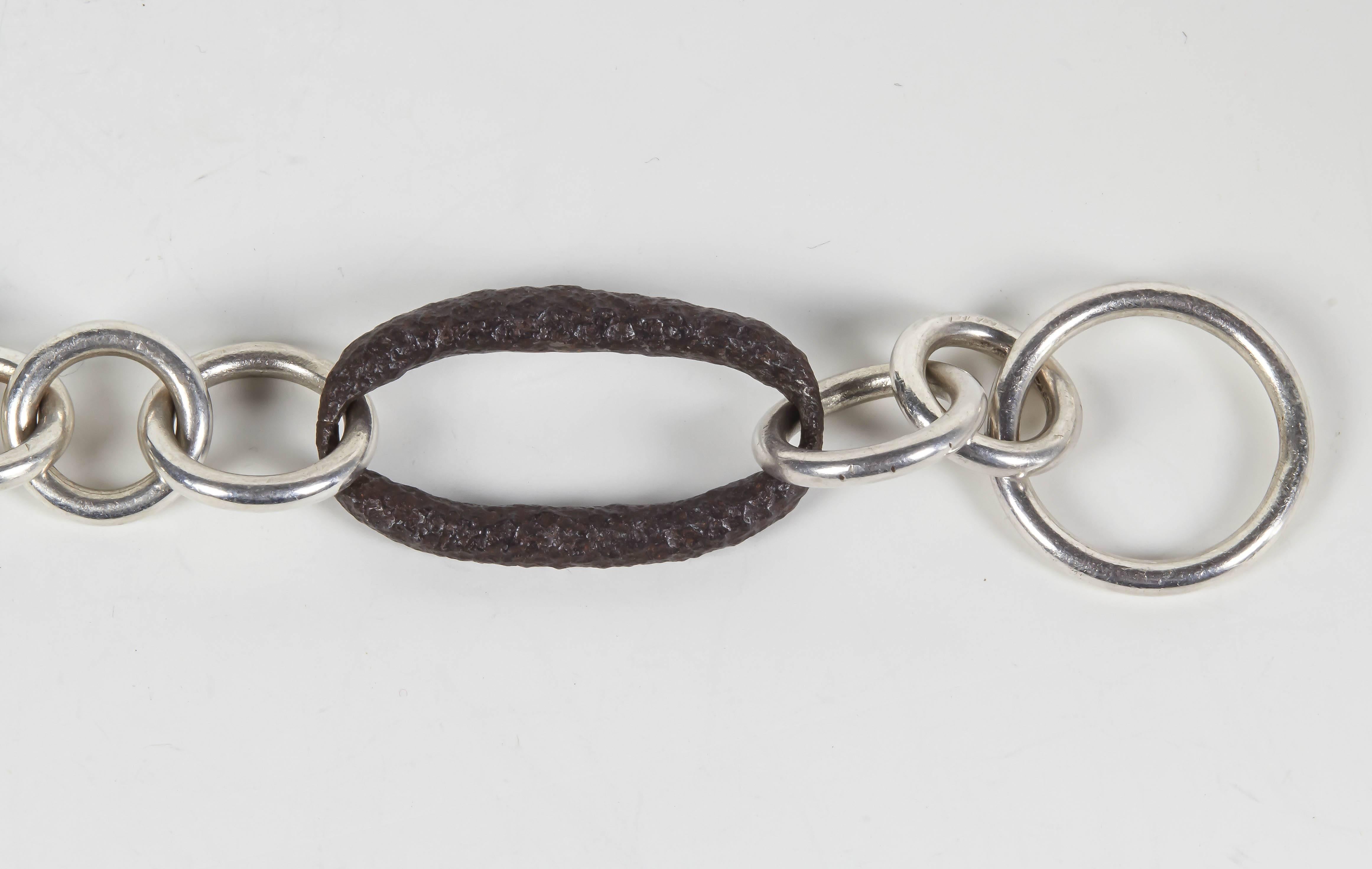 Jean Grisoni Sterling Silver Link Bracelet with Oxydised Steel Oval Link In Excellent Condition For Sale In New York, NY