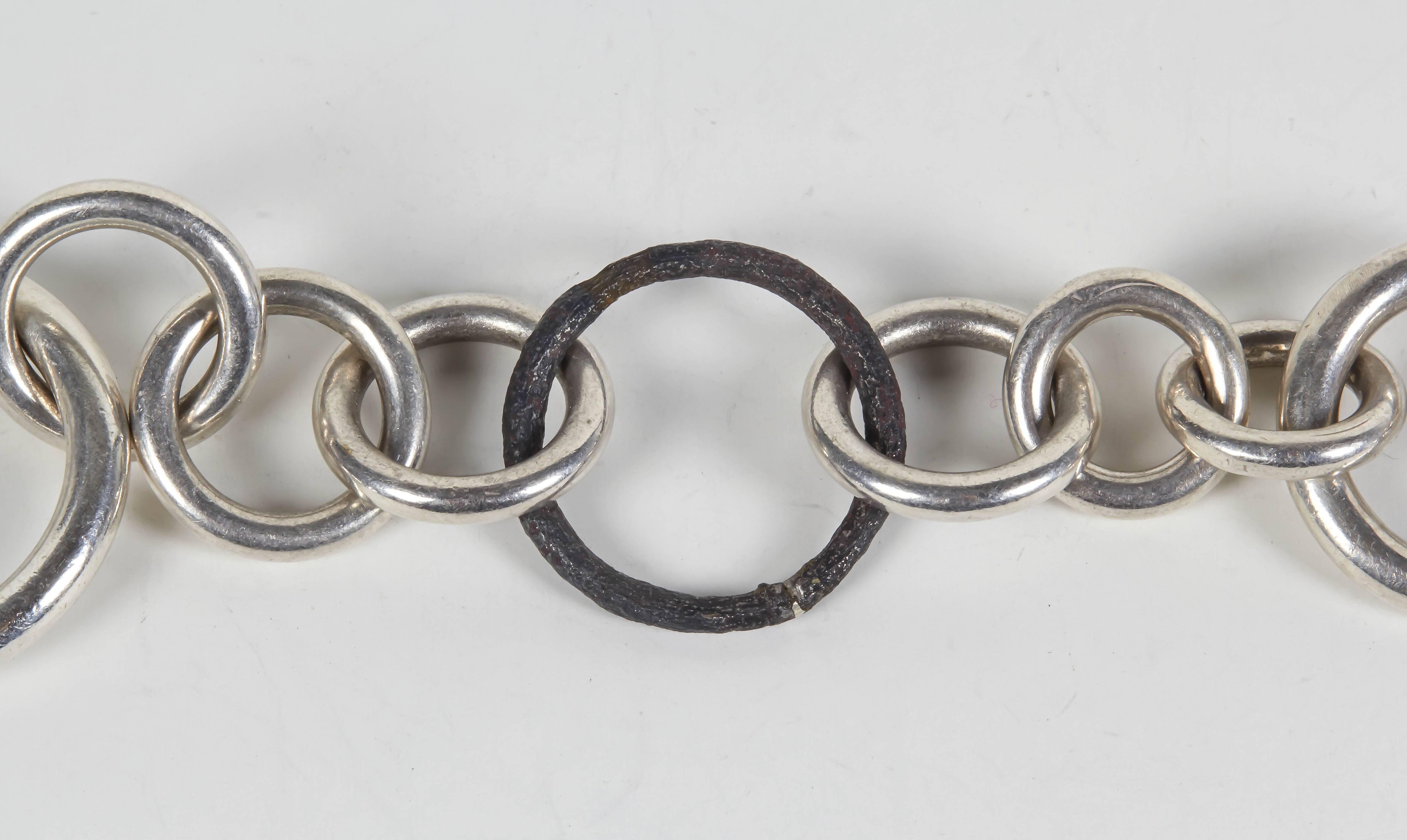 Women's or Men's Jean Grisoni Silver Link Bracelet with One Oxydized Steel Link For Sale
