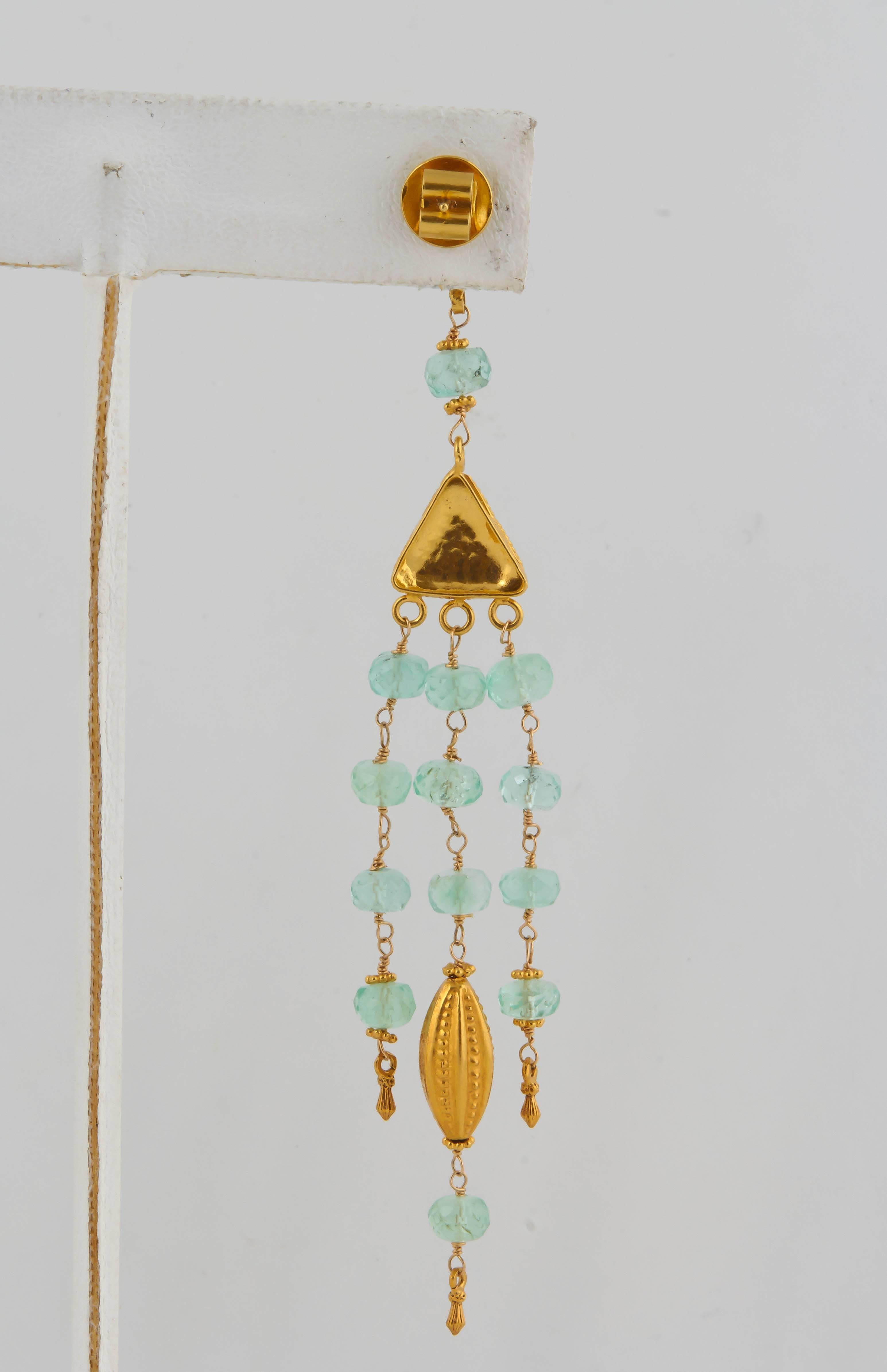 Artisan Etruscan Style Emerald Bead and Gold Chandelier Earring For Sale