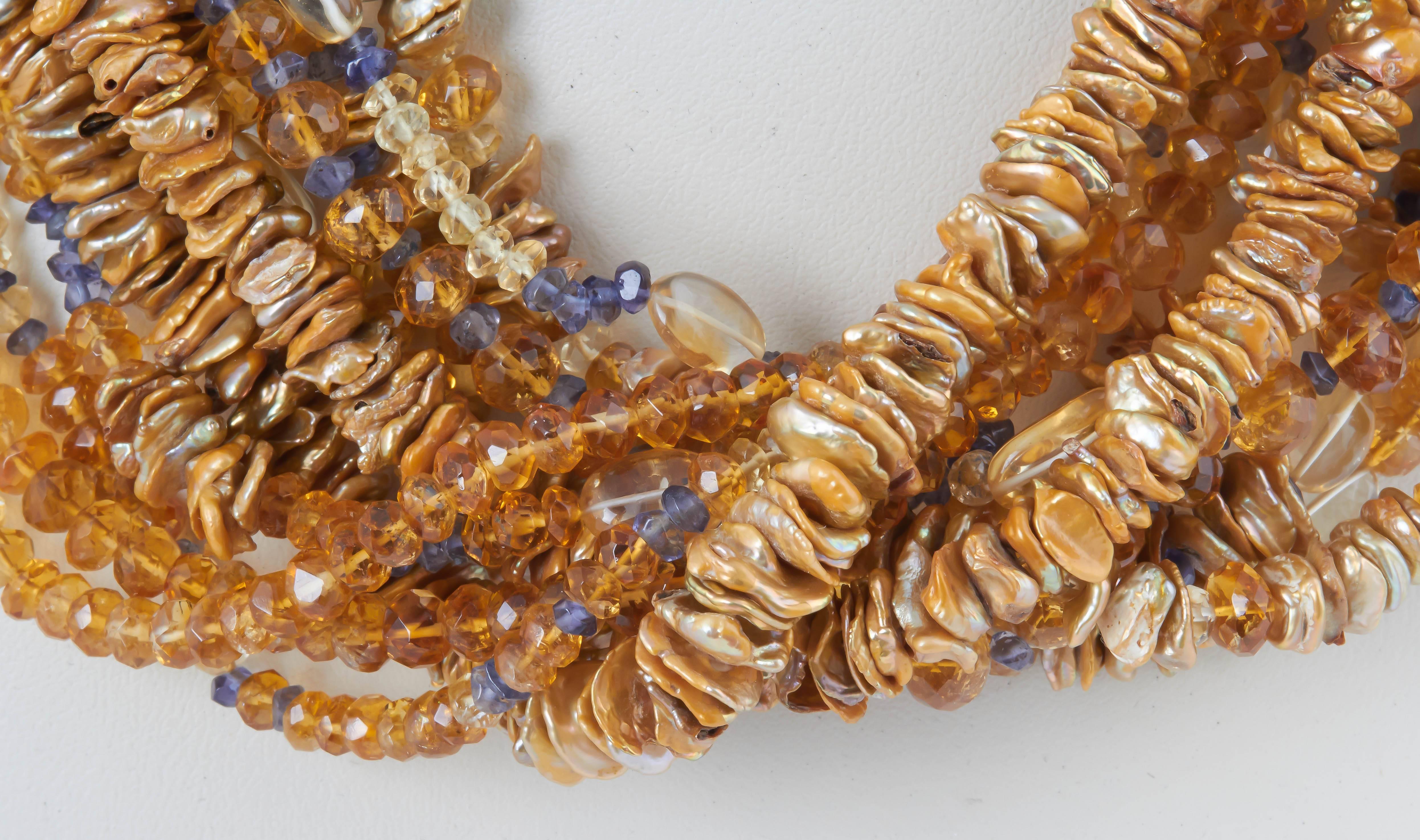 Impressive Pearl Citrine and Sapphire Multistrand Necklace In New Condition For Sale In TRYON, NC