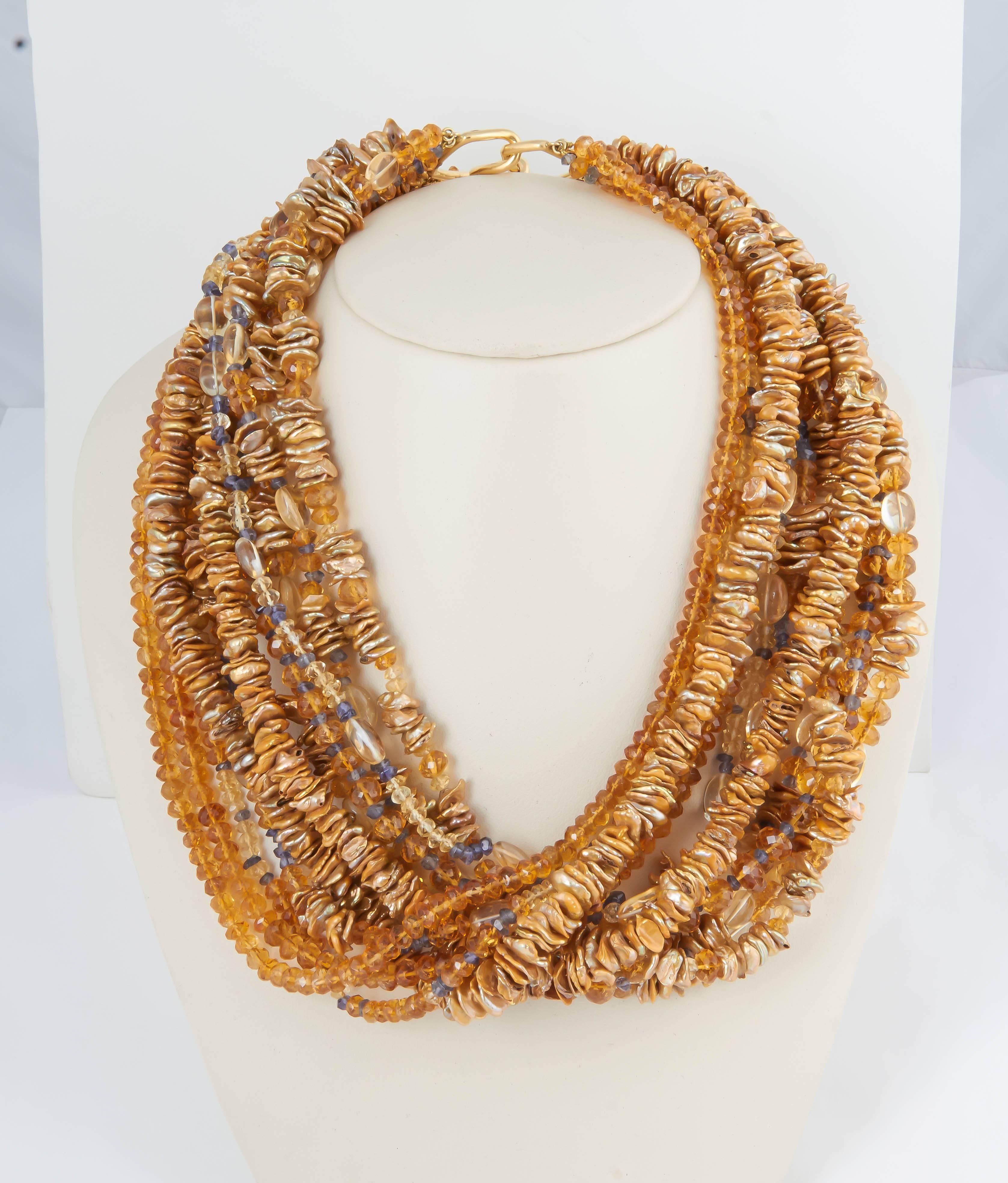 Women's Impressive Pearl Citrine and Sapphire Multistrand Necklace For Sale