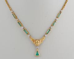 Gold Cherub with Wings Emerald and Diamond Necklace