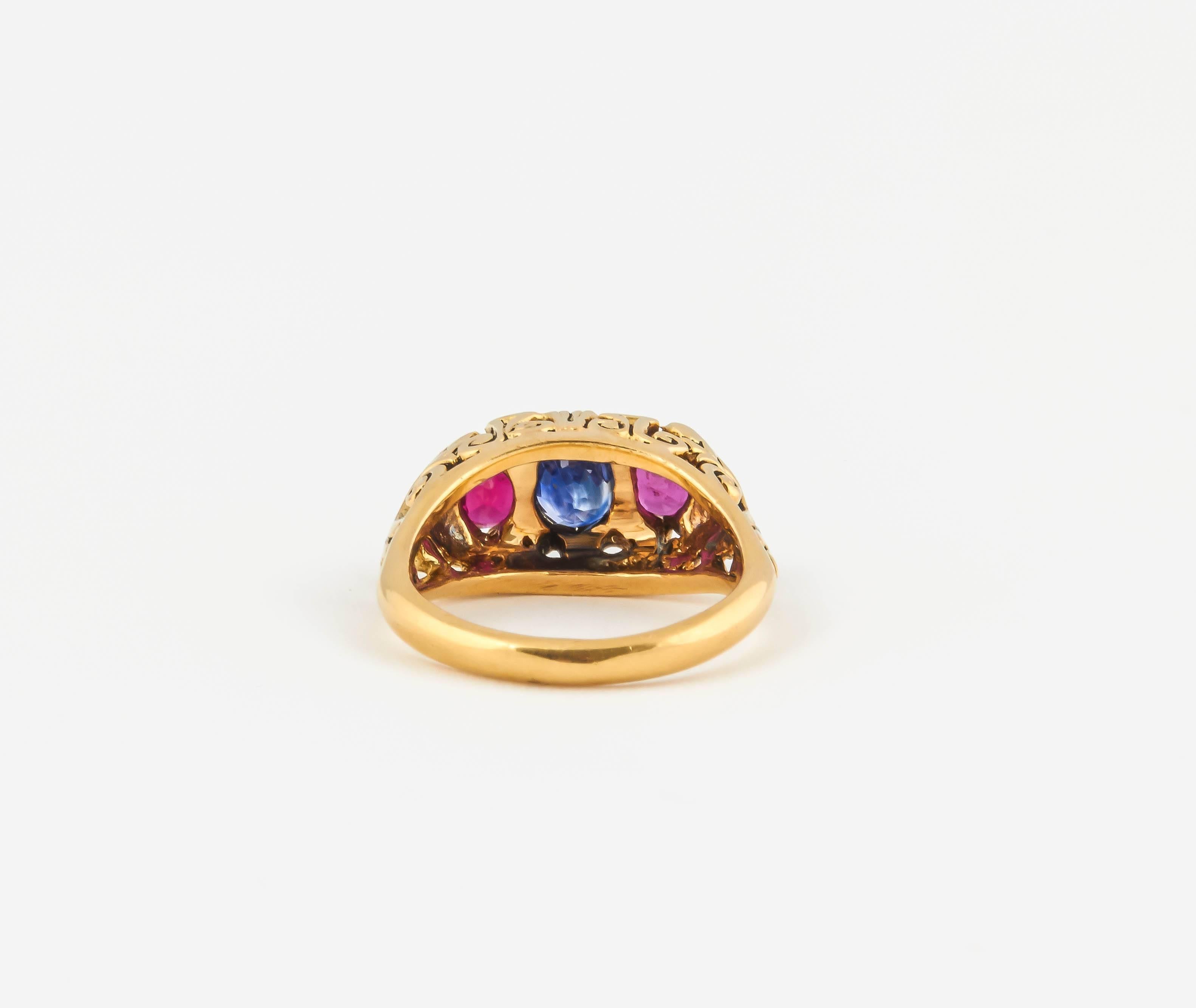 Artisan Striking Ruby Sapphire Diamond Gold Ring For Sale