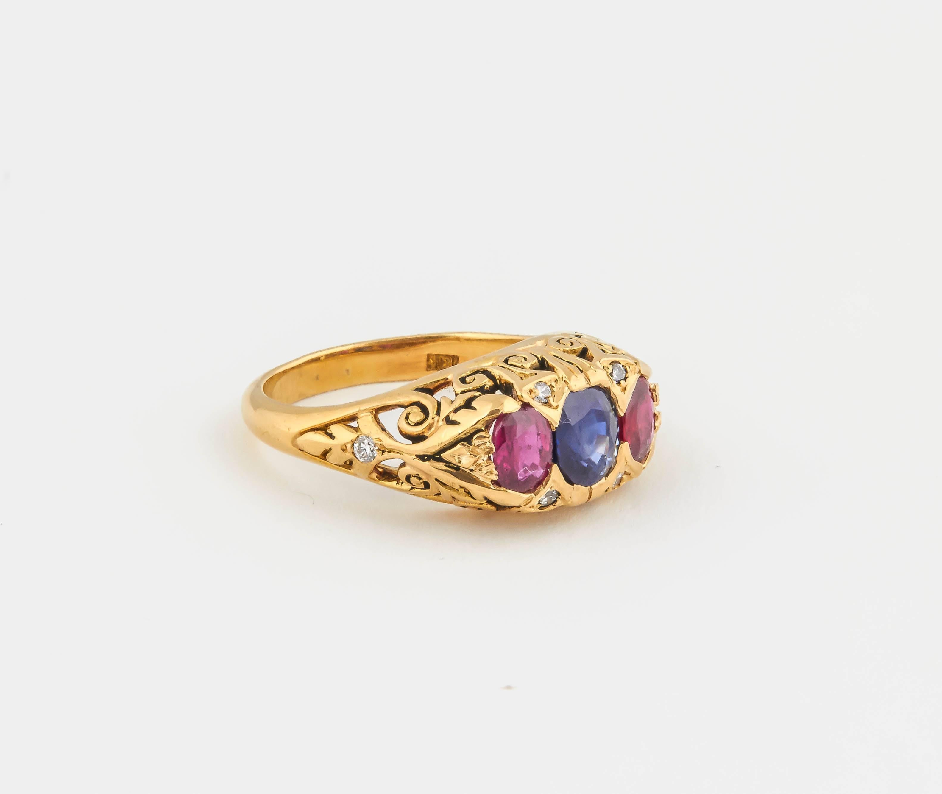 Striking Ruby Sapphire Diamond Gold Ring In New Condition For Sale In TRYON, NC