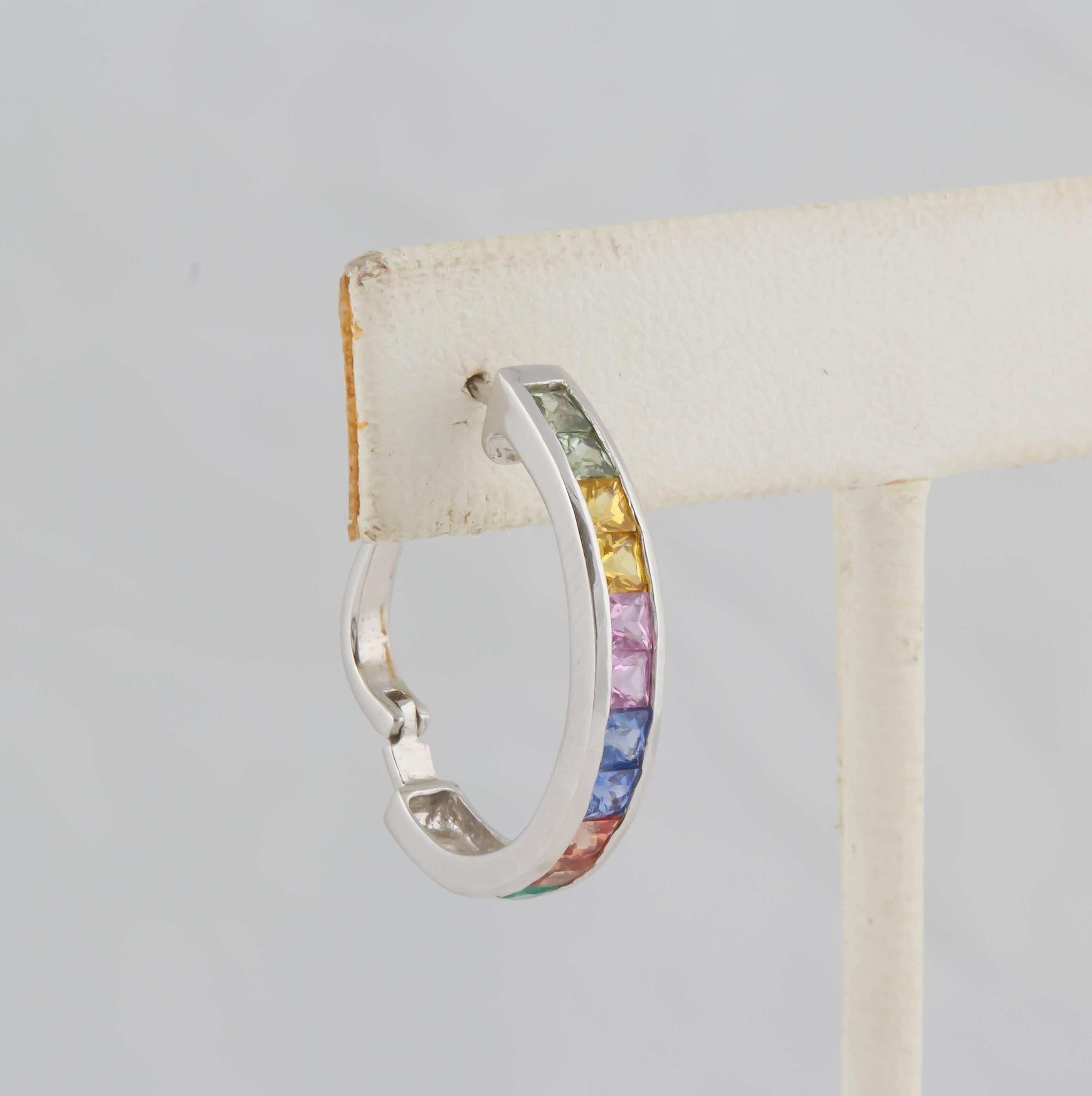 Artisan Multi-Color Sapphire Gold Hoop Earrings For Sale