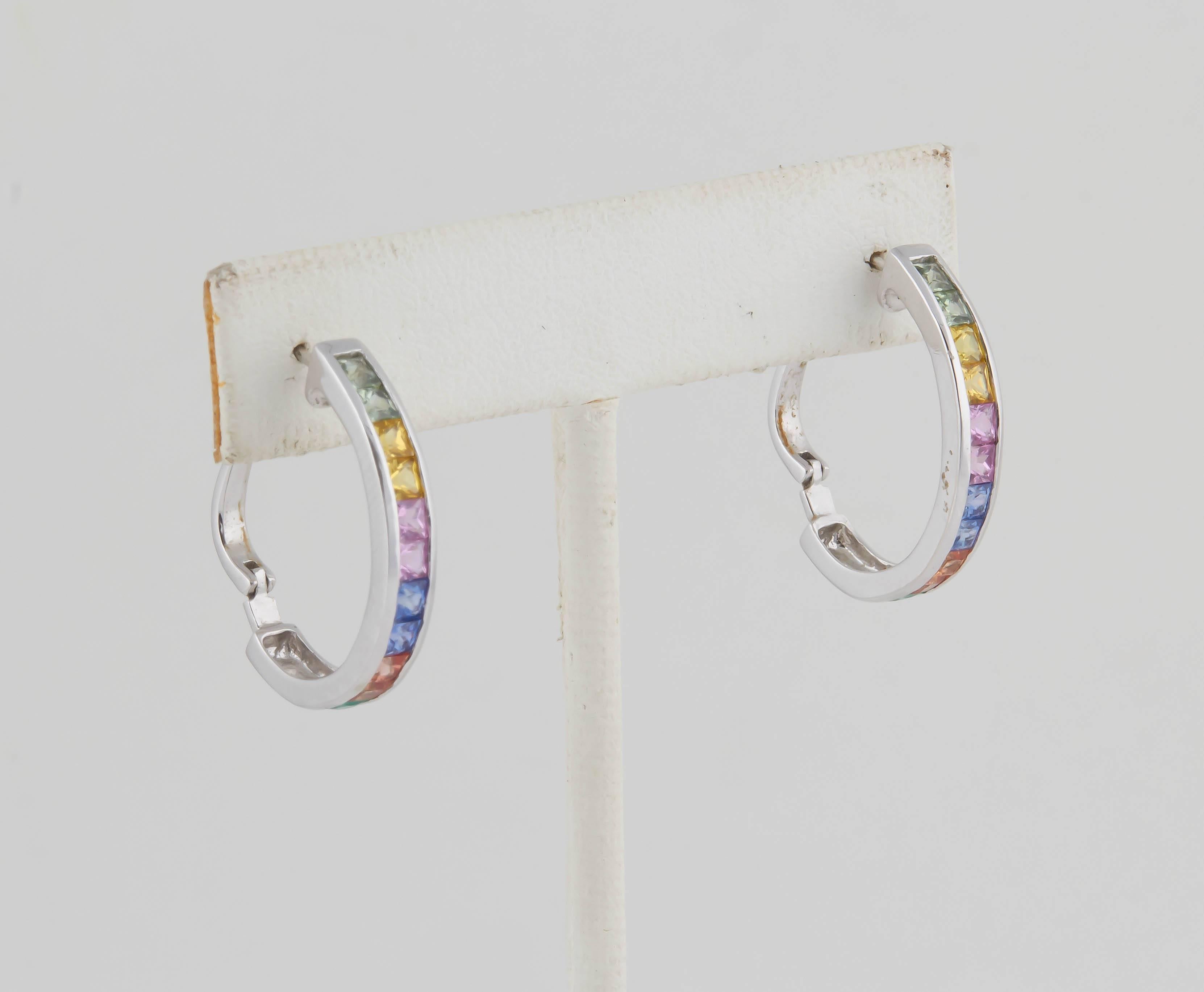 Women's Multi-Color Sapphire Gold Hoop Earrings For Sale