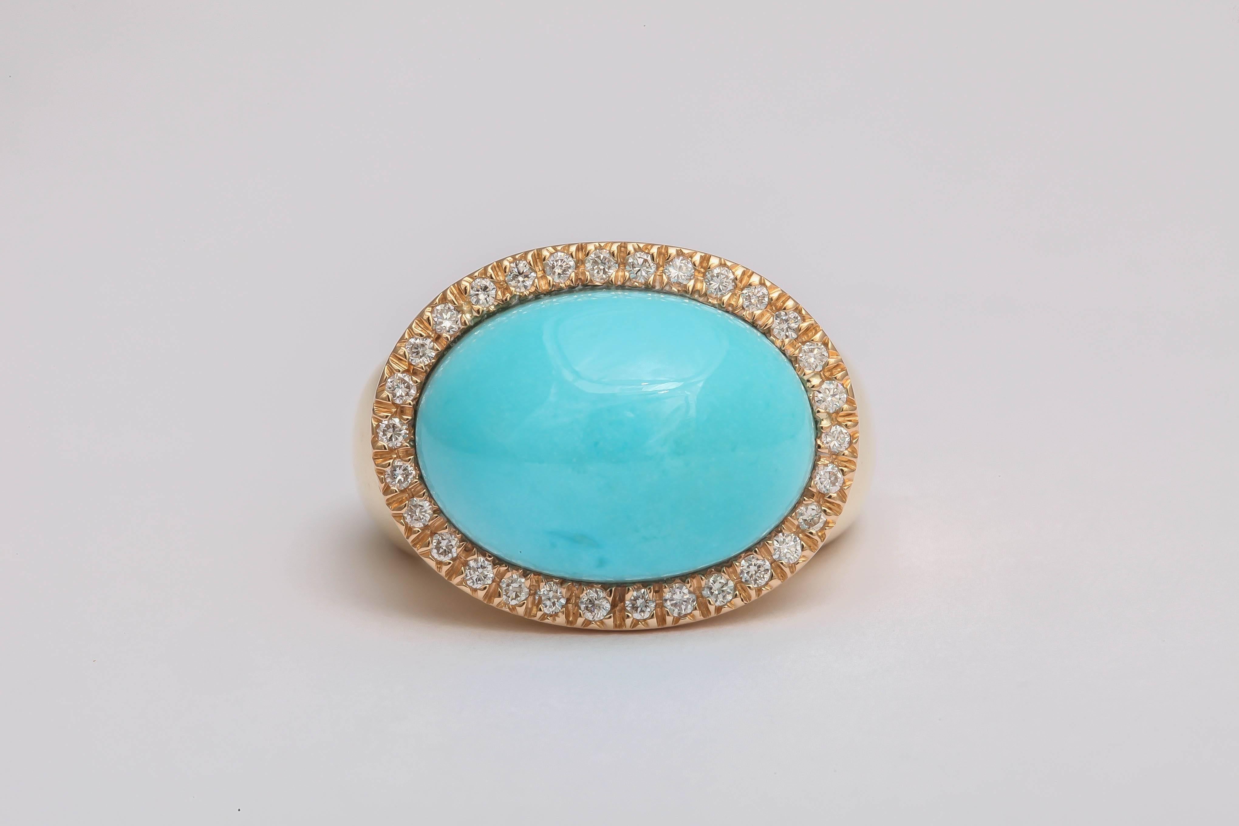18k yellow gold, turquoise and white diamonds ring.