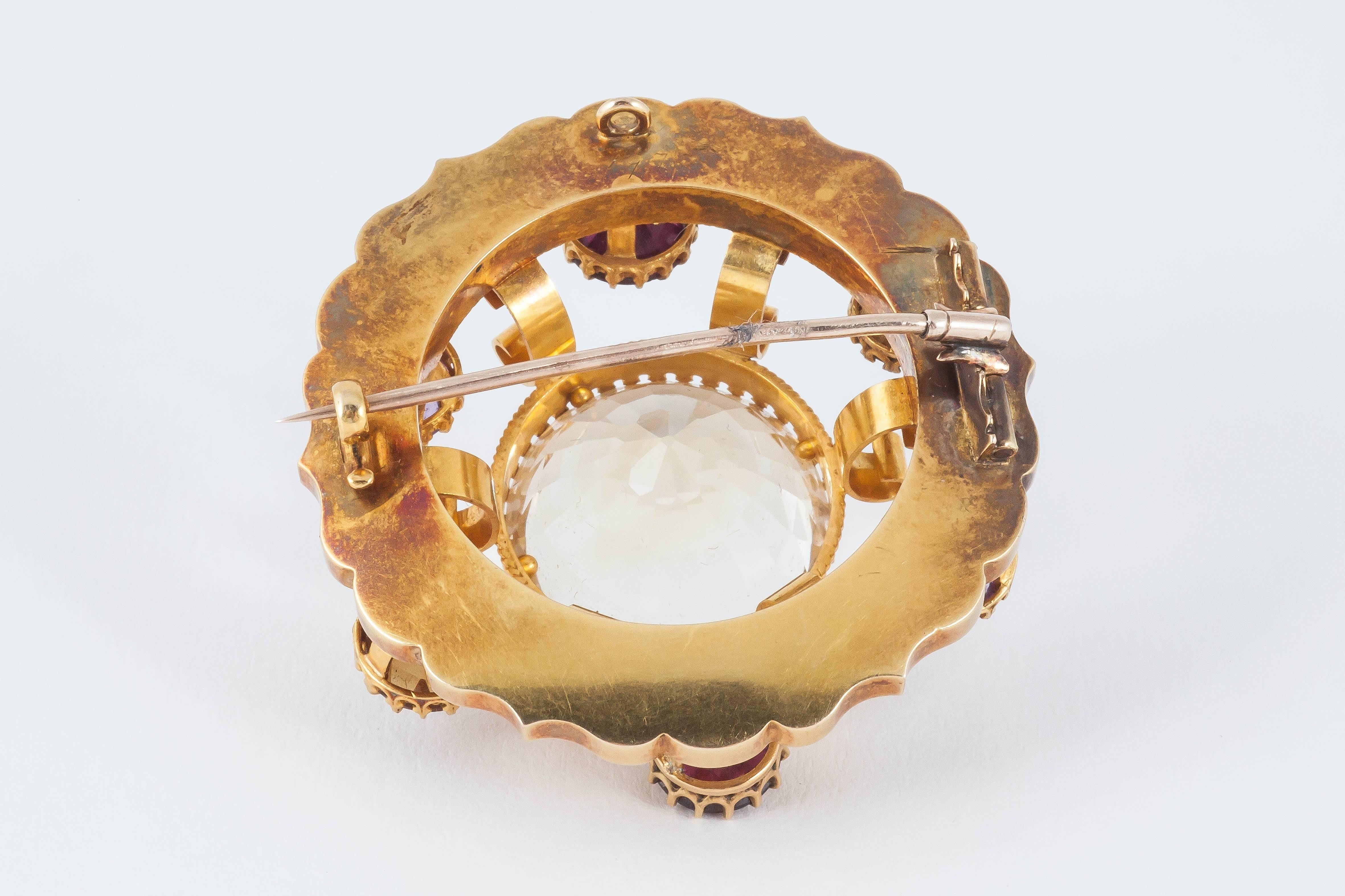 Women's or Men's Engraved 15 Carat Gold Antique Brooch & Coloured Gemstones, Scottish circa 1870 For Sale