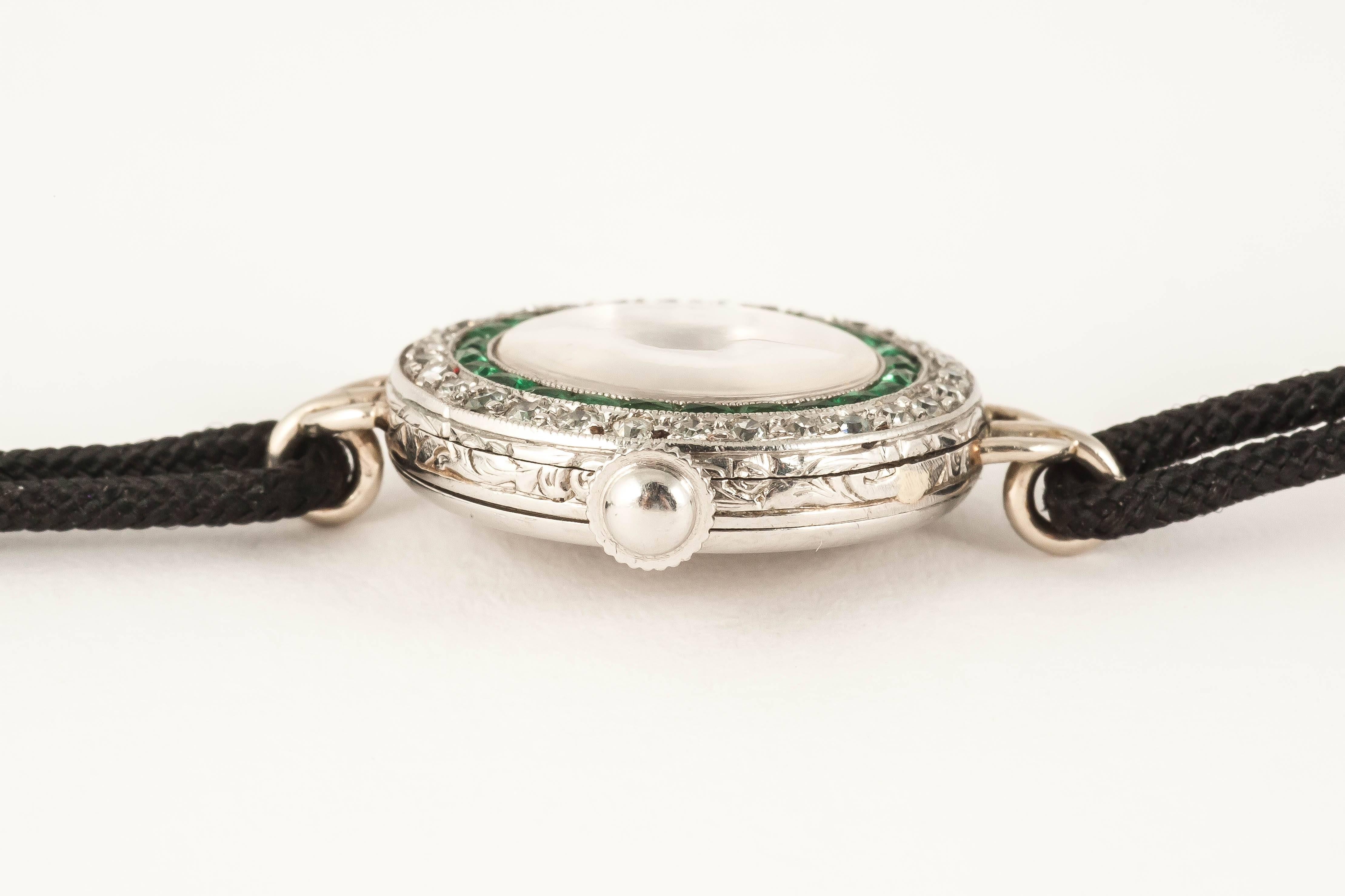 Edwardian Tiffany & Co. lady's platinum diamond emerald evening dress Wristwatch