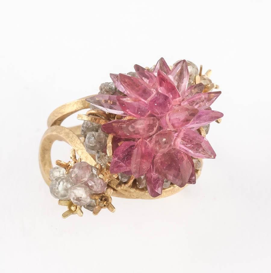 Contemporary Donna Brennan Pink Tourmaline Sapphire Rough Diamond Gold Ring For Sale