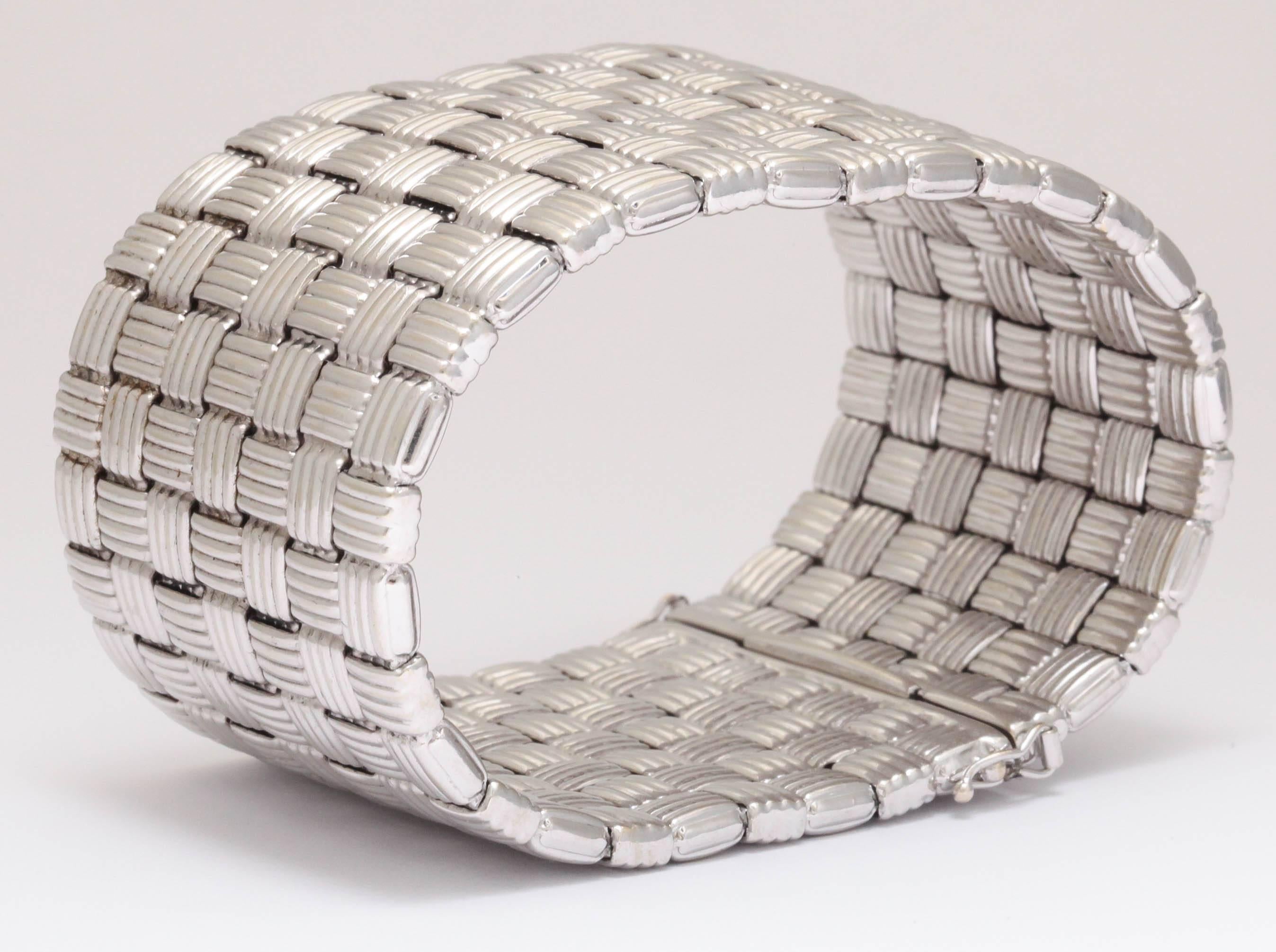 Wide White Gold Basket Weave Bracelet In Excellent Condition For Sale In New York, NY