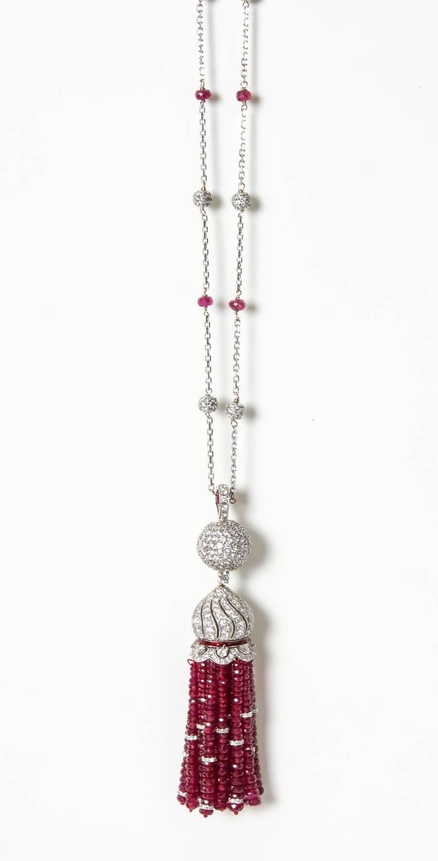 Fabulous Burma Ruby Diamond Gold Tassel Necklace 1