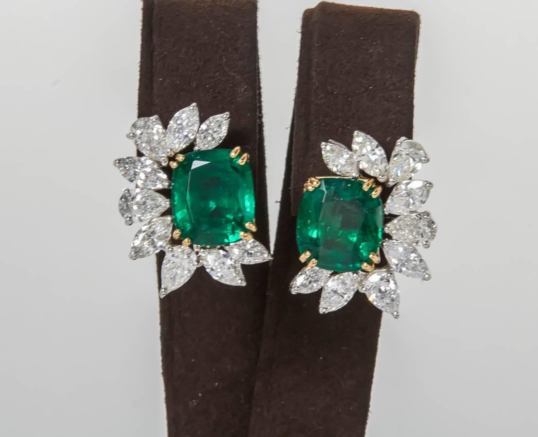 
A unique emerald and diamond earring to add to any collection.

11.22 carats of Fine Green cushion cut GIA Certified Emeralds

6.68 carats of white VS clarity diamonds

Platinum and 18k yellow gold.

These earrings are Fabulous!!