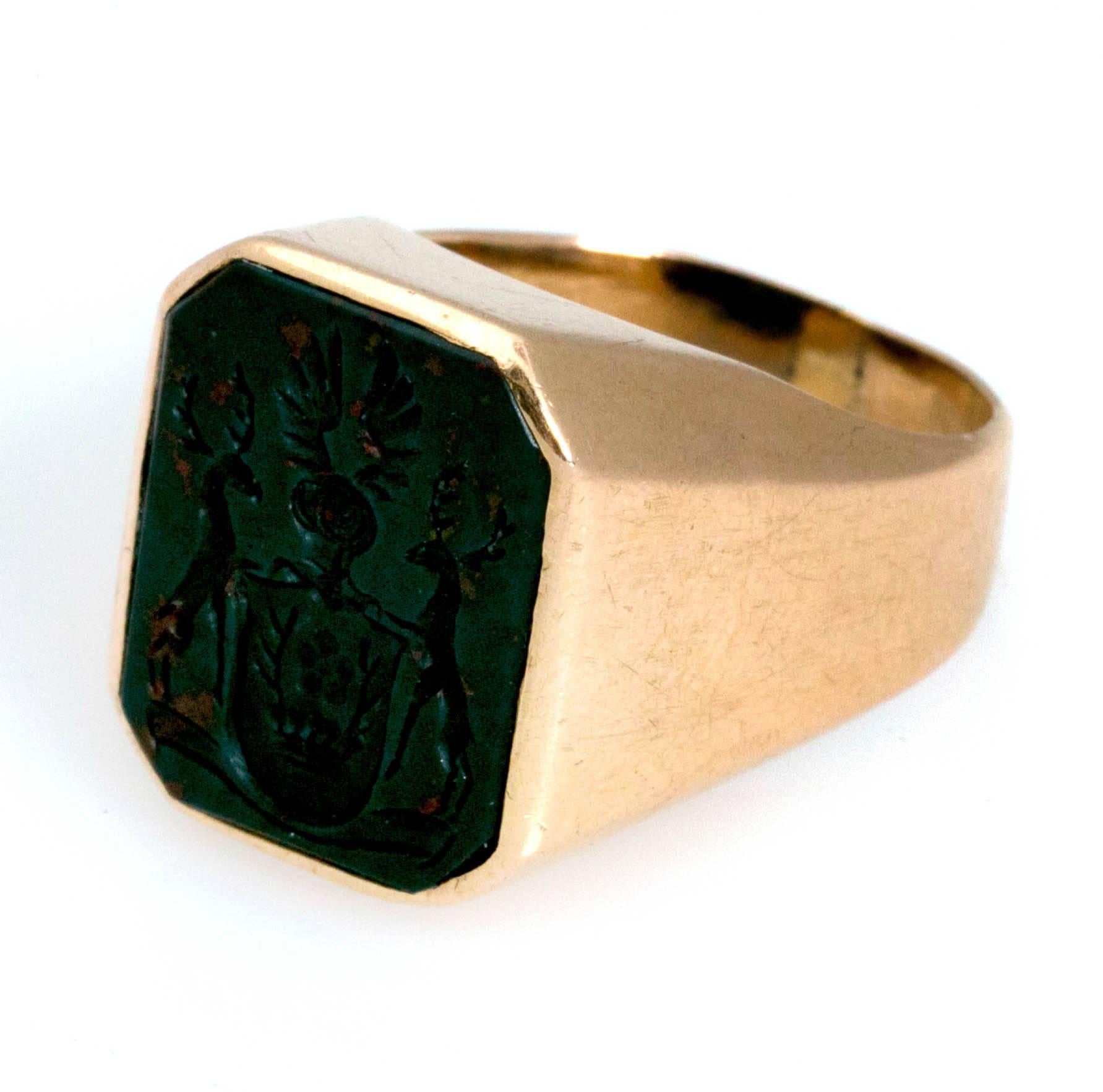 Elegant Antique blood stone intaglio in 14 K setting. Deeply carved. Exceptional Quality.  

Ring size: 8.5 
Can be re sized upon request.  
