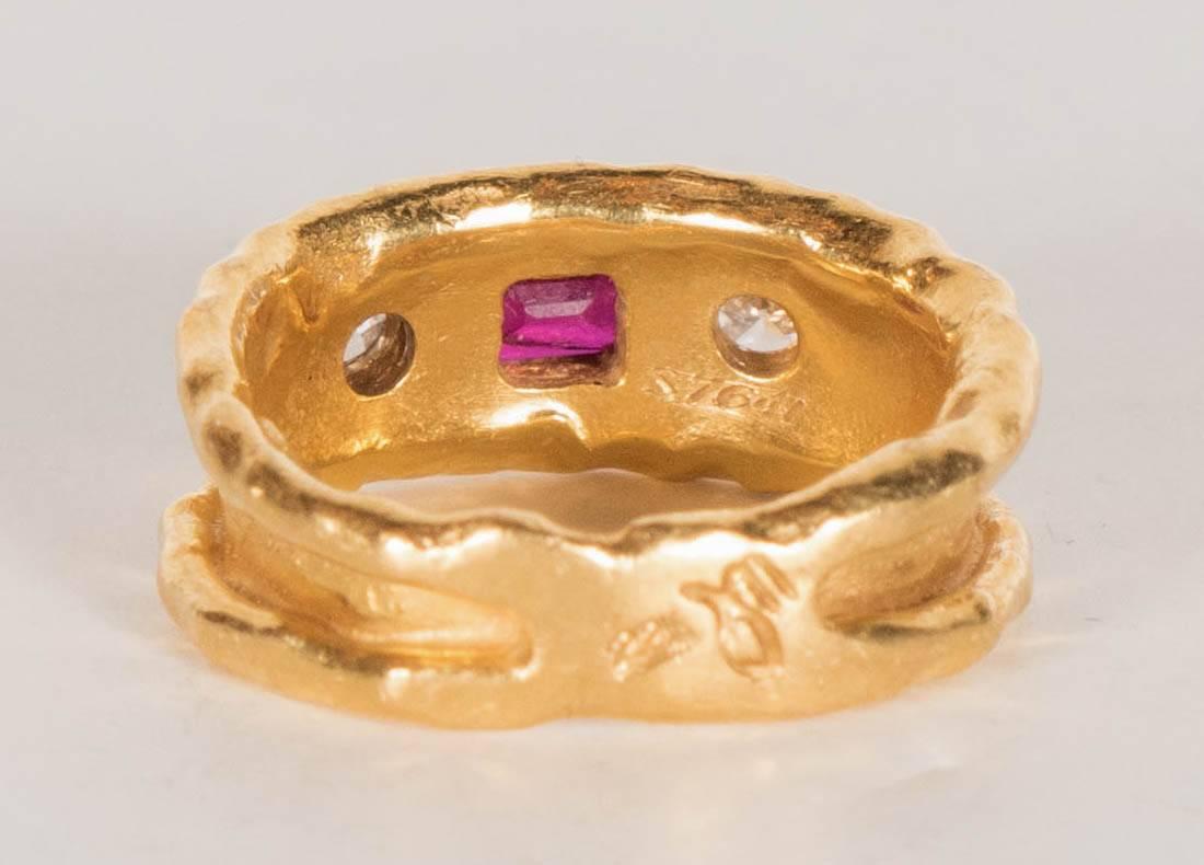 Women's 1970s Jean Mahie Gorgeous Hand Wrought Ruby Diamond Gold Ring 