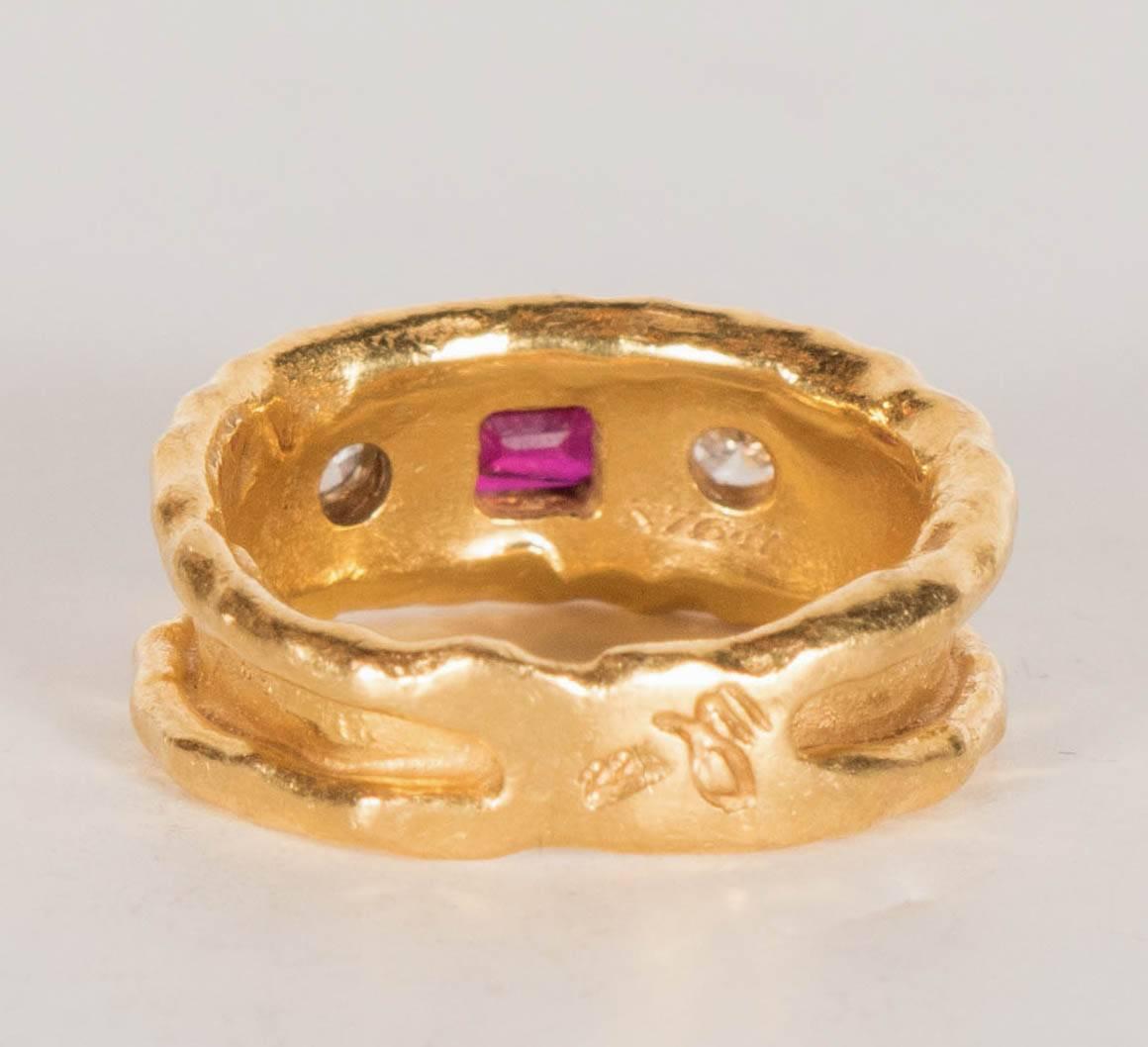 1970s Jean Mahie Gorgeous Hand Wrought Ruby Diamond Gold Ring  1