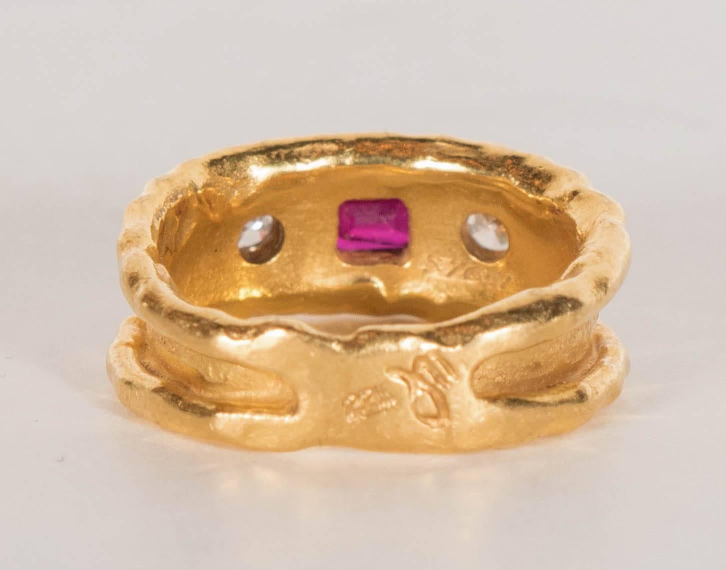 1970s Jean Mahie Gorgeous Hand Wrought Ruby Diamond Gold Ring  2