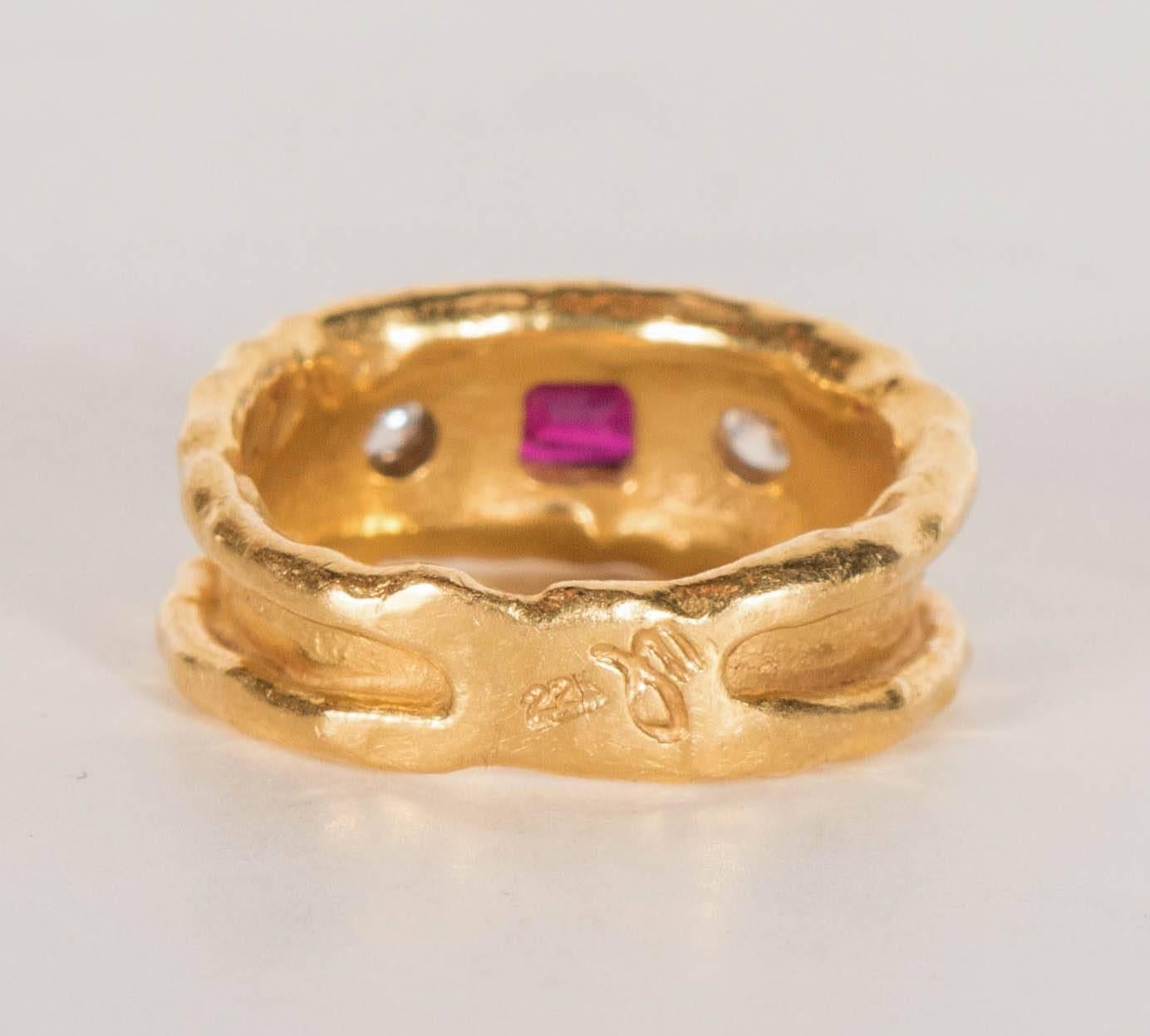 1970s Jean Mahie Gorgeous Hand Wrought Ruby Diamond Gold Ring  3