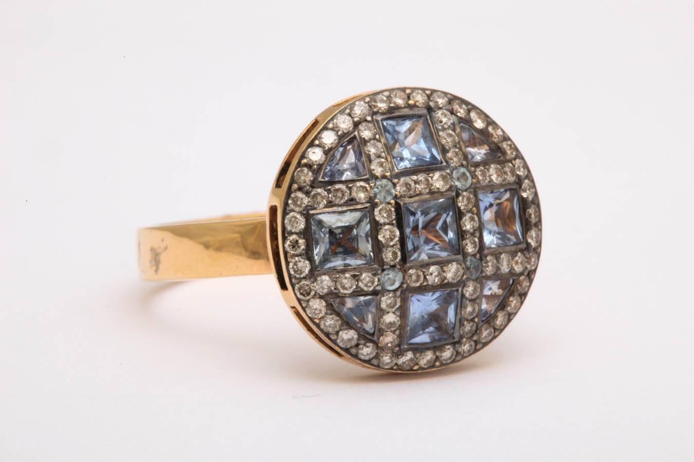 Artisan Unique Square Sapphire Diamond Orange Gold Ring For Sale