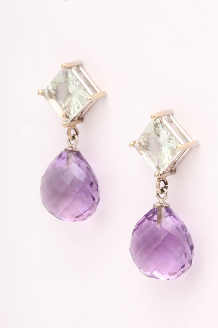 Contemporary Stunning Green and Purple Amethyst Drop Earrings For Sale