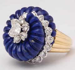 Spectacular Carved Lapis Diamond Gold Ring