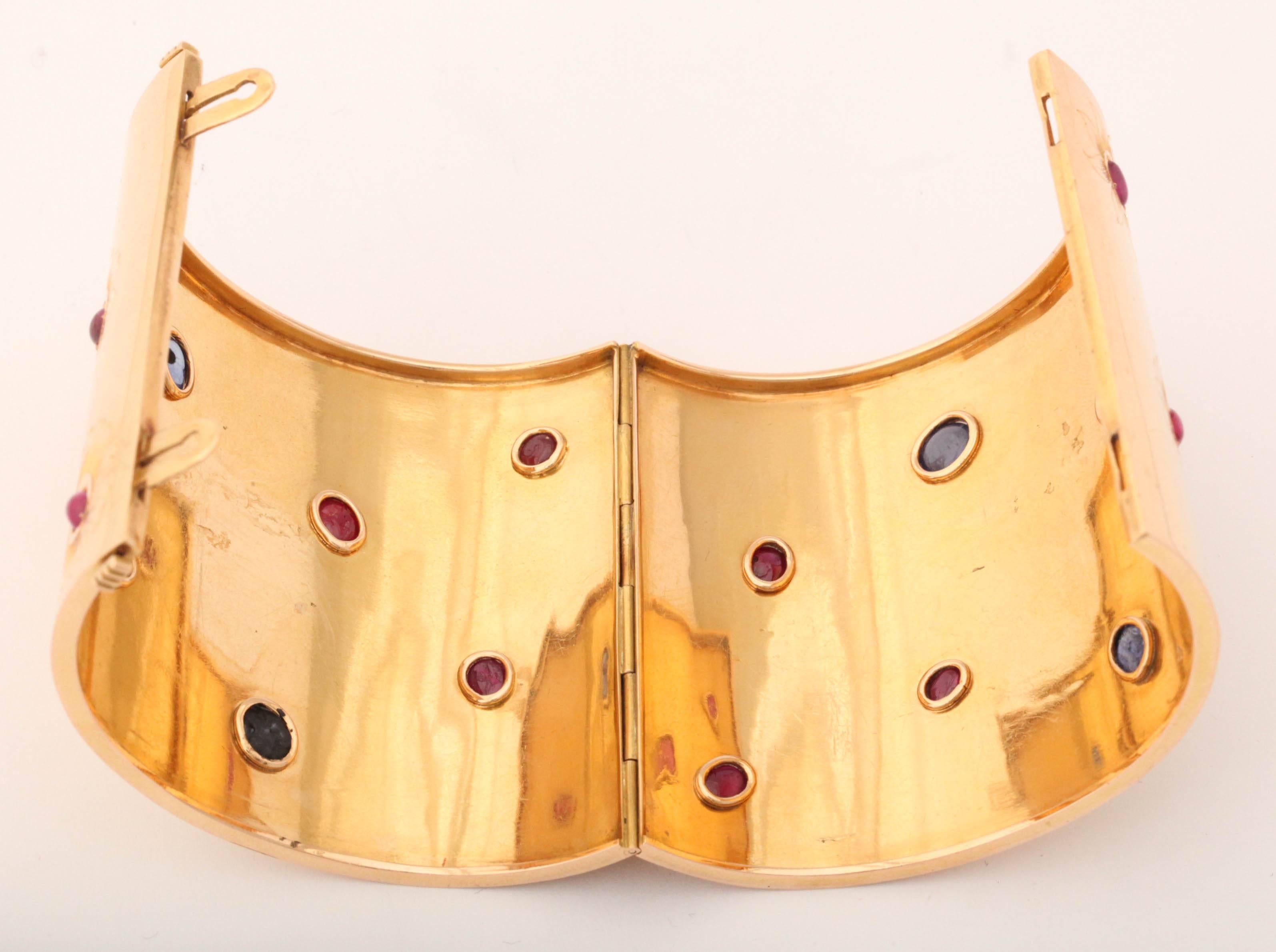 Retro Sumptuous Ruby Sapphire Gold Cuff Bracelet For Sale