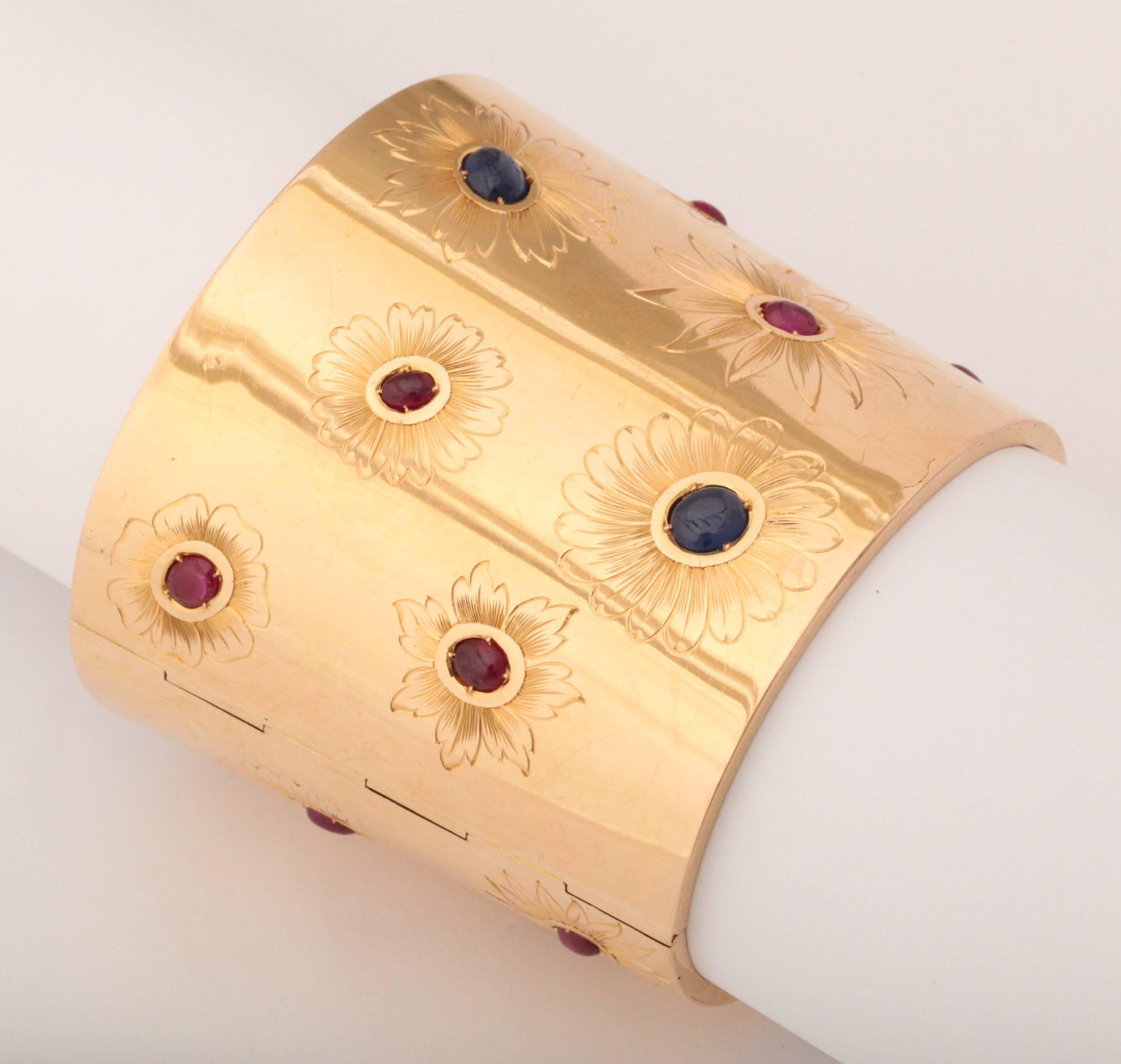 Sumptuous Ruby Sapphire Gold Cuff Bracelet For Sale 1
