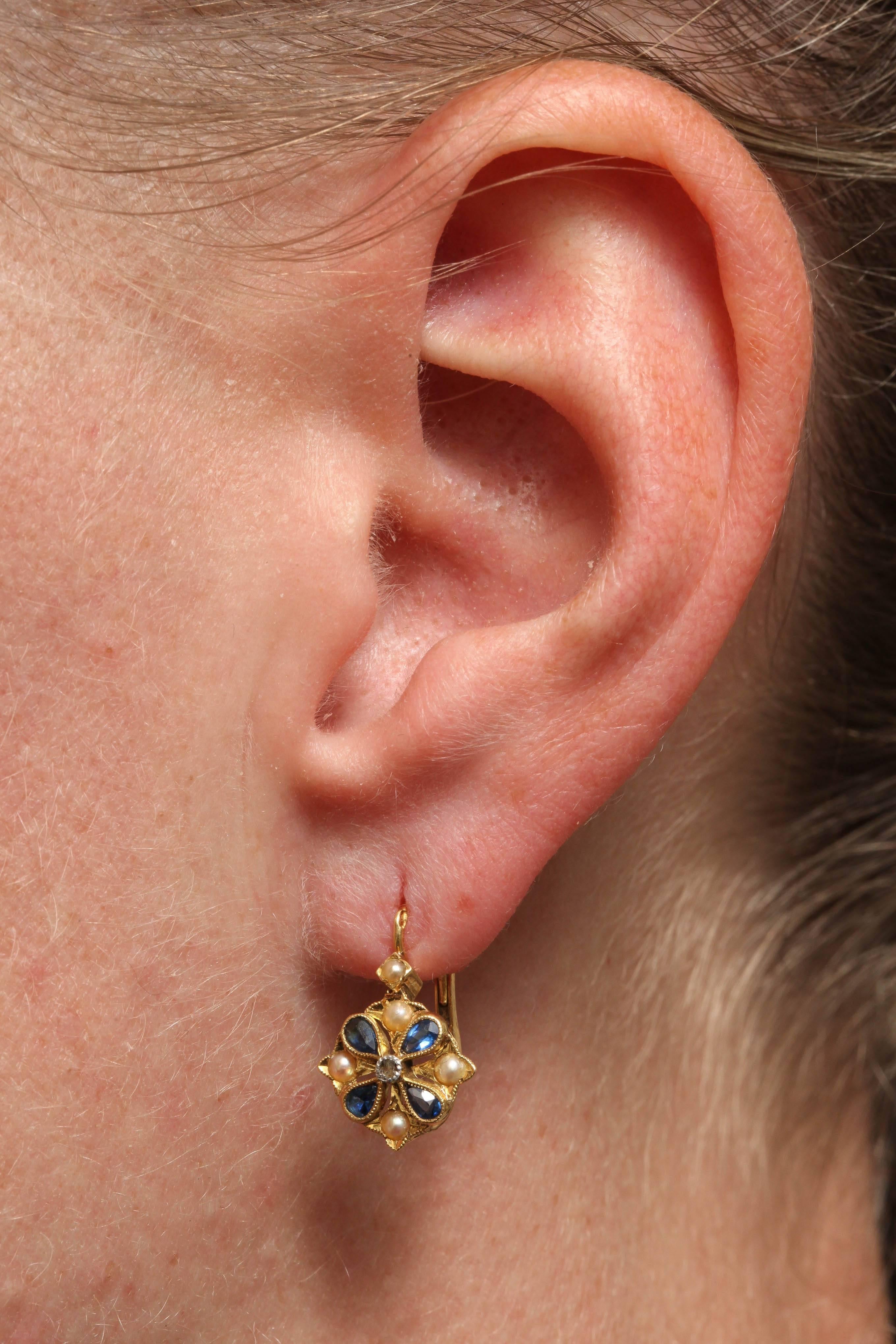 Women's French Pearl Diamond Sapphire Gold Earrings
