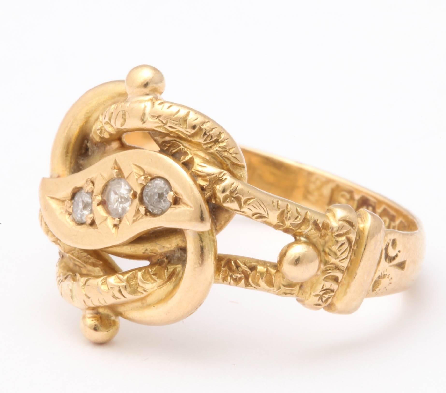 Victorian 18ct Gold Chased Lovers Knot Ring, Set with 3 old cut diamonds, Hallmarks for Birmingham 1867