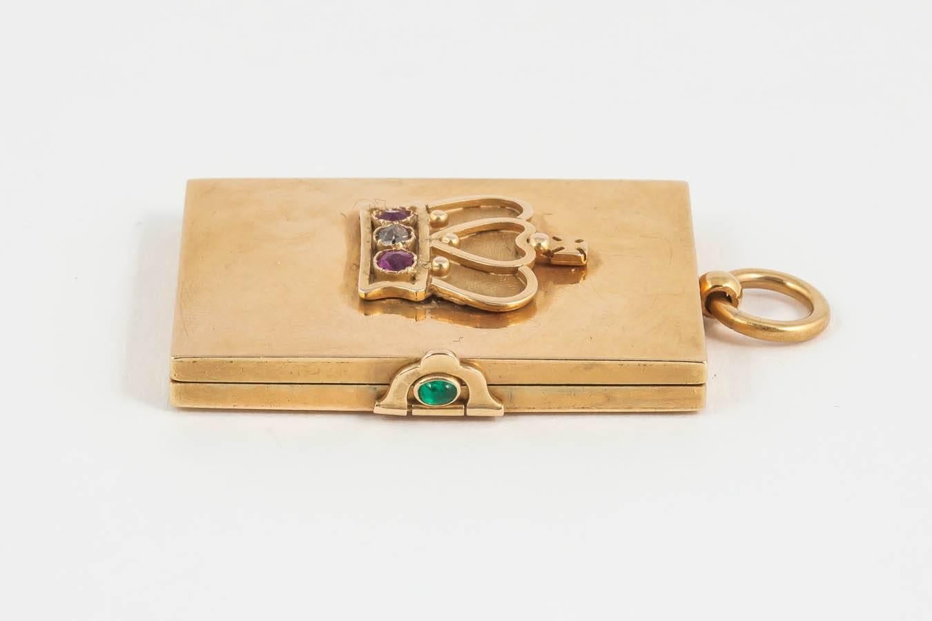 Edwardian La Cloche Emerald Ruby Diamond Gold Double Locket For Sale
