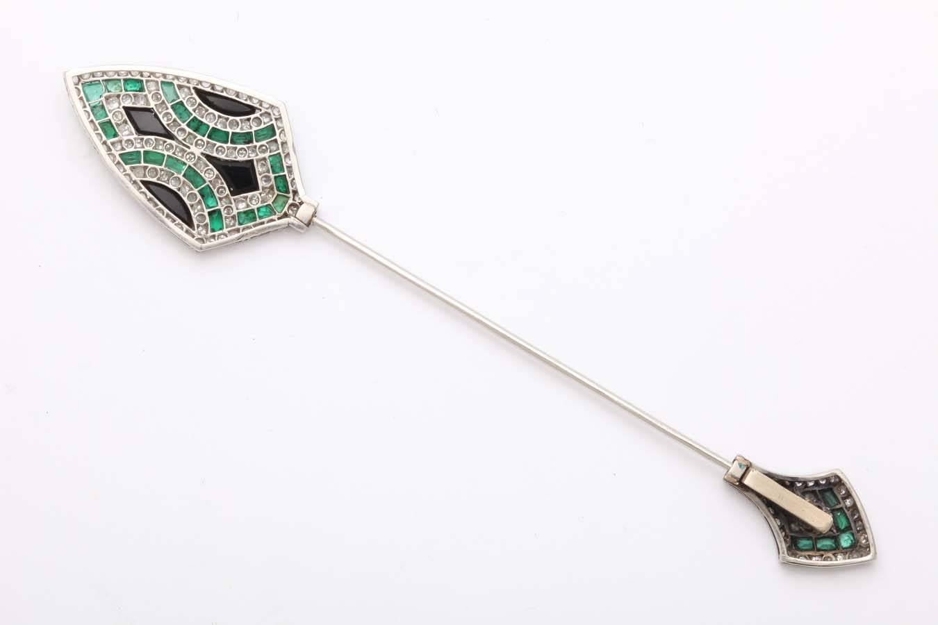 Women's Art Deco Emerald Diamond Platinum Jabot Pin For Sale