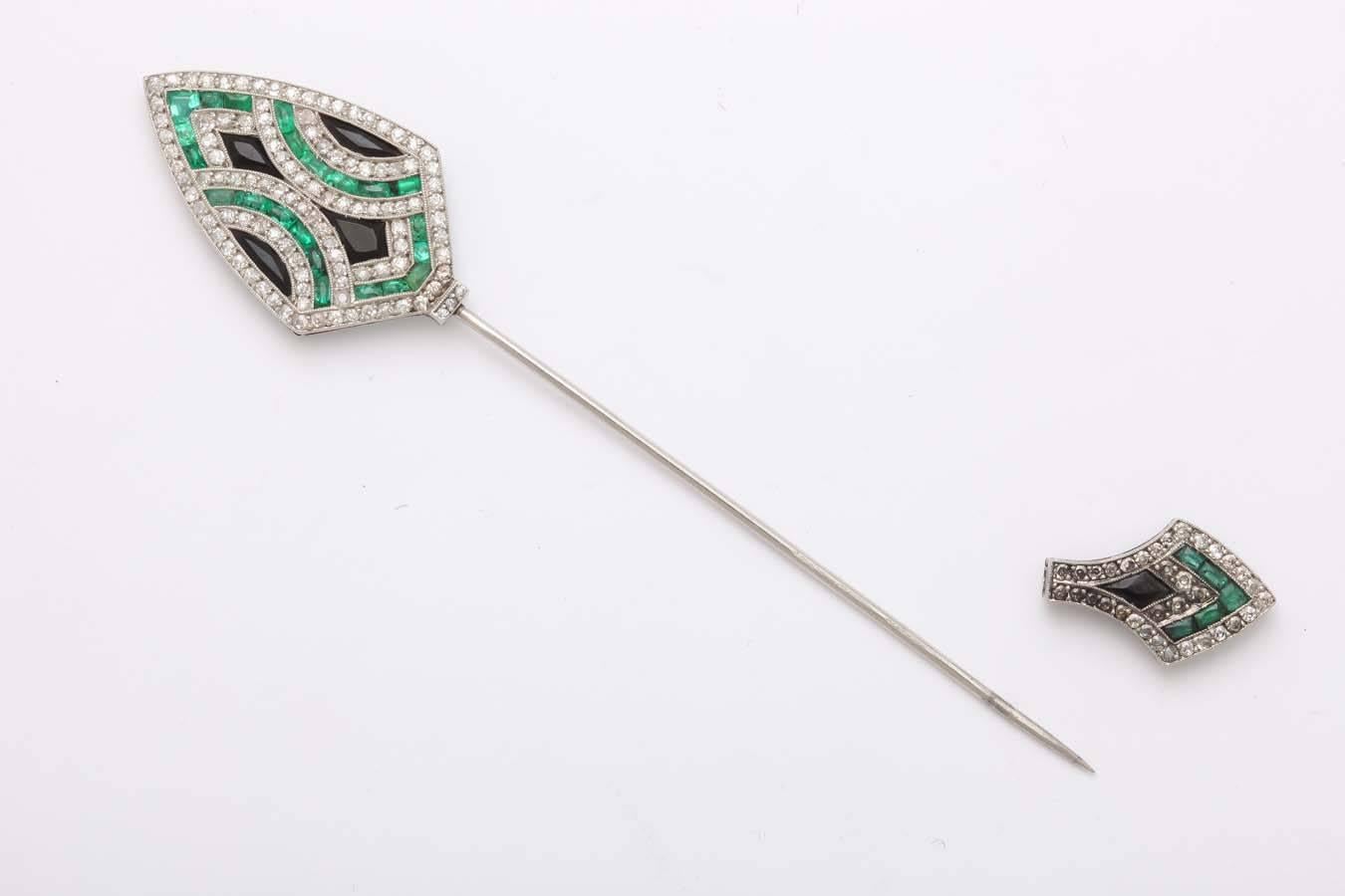 Art Deco Emerald Diamond Platinum Jabot Pin For Sale 1