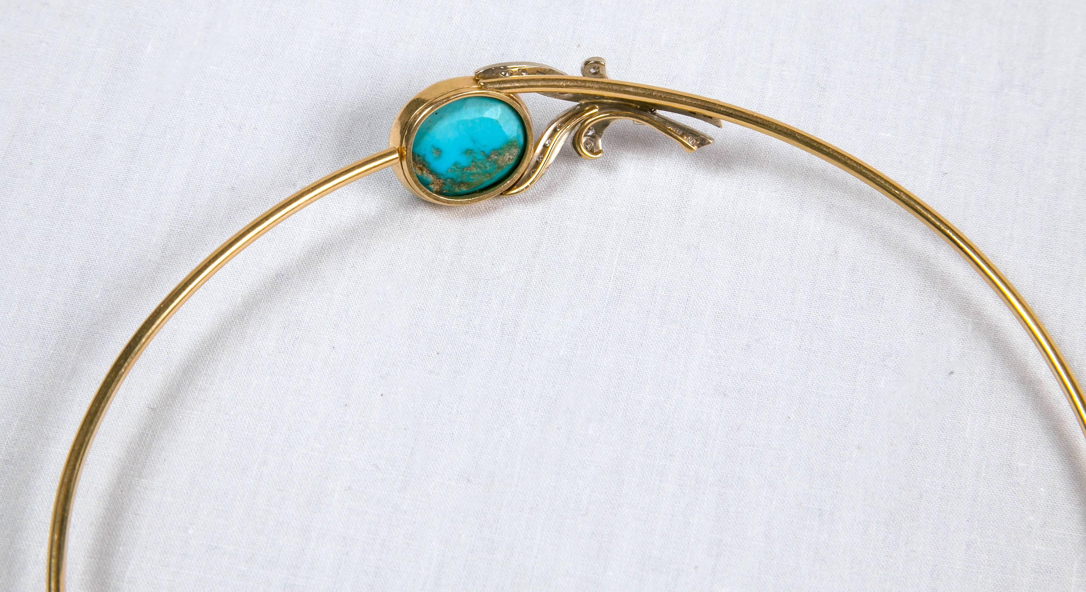 Women's 18 K Gold Turquoise And Diamonds Choker Necklace