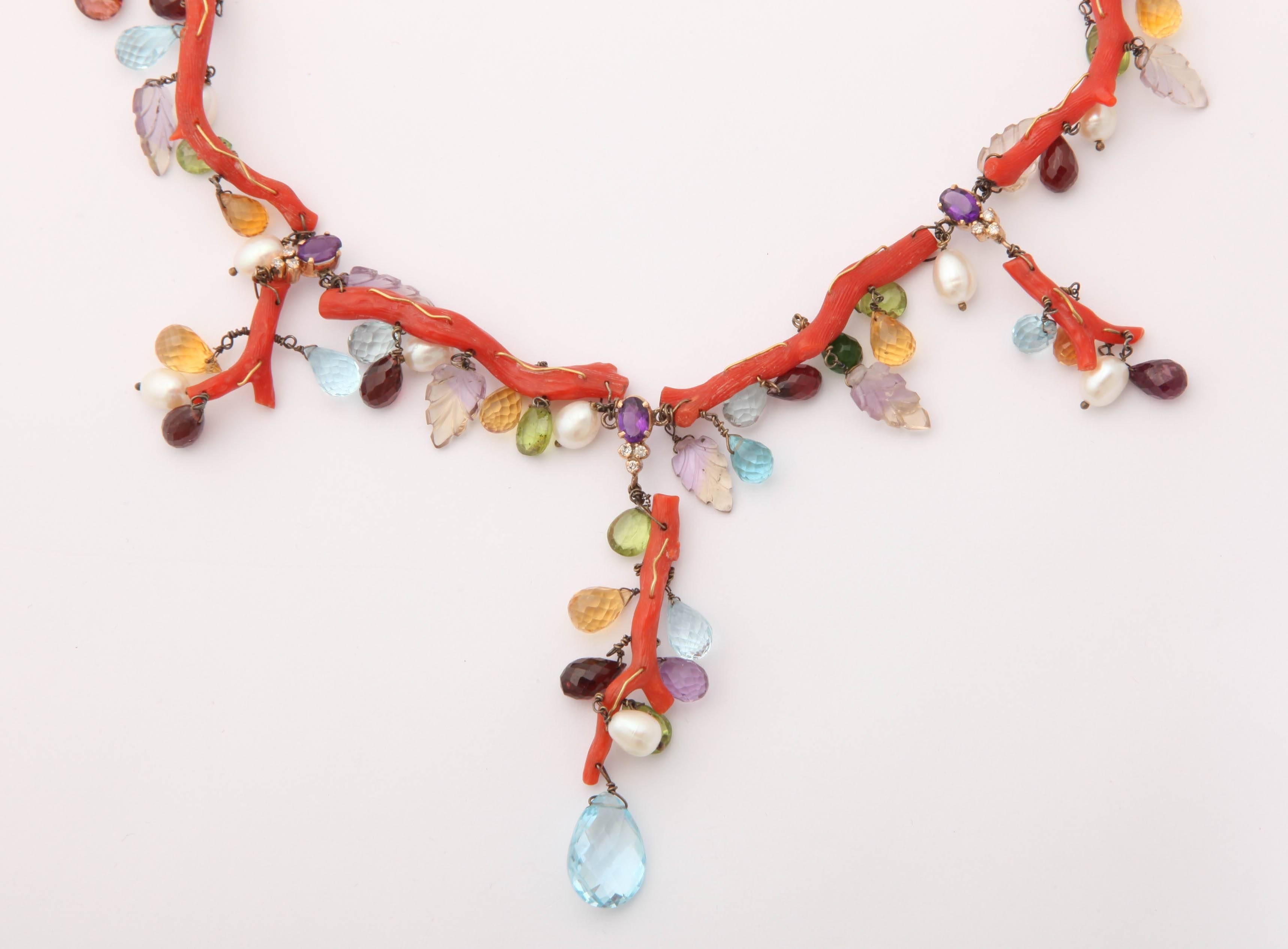 Artisan Coral Semi Precious Stone Necklace Set For Sale