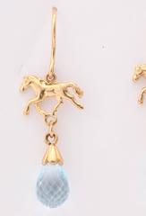 Sporty Blue Topaz Briolette Gold Horse Earrings