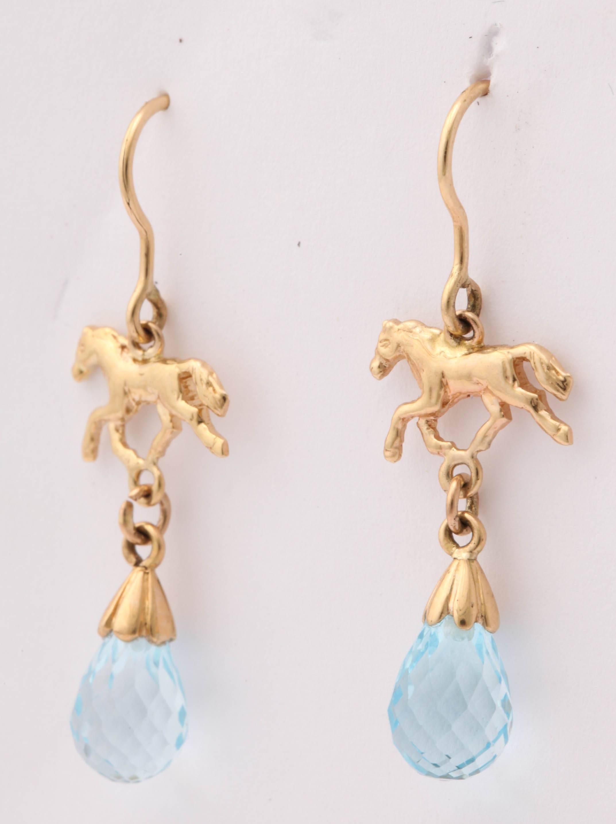 Artisan Sporty Blue Topaz Briolette Gold Horse Earrings For Sale