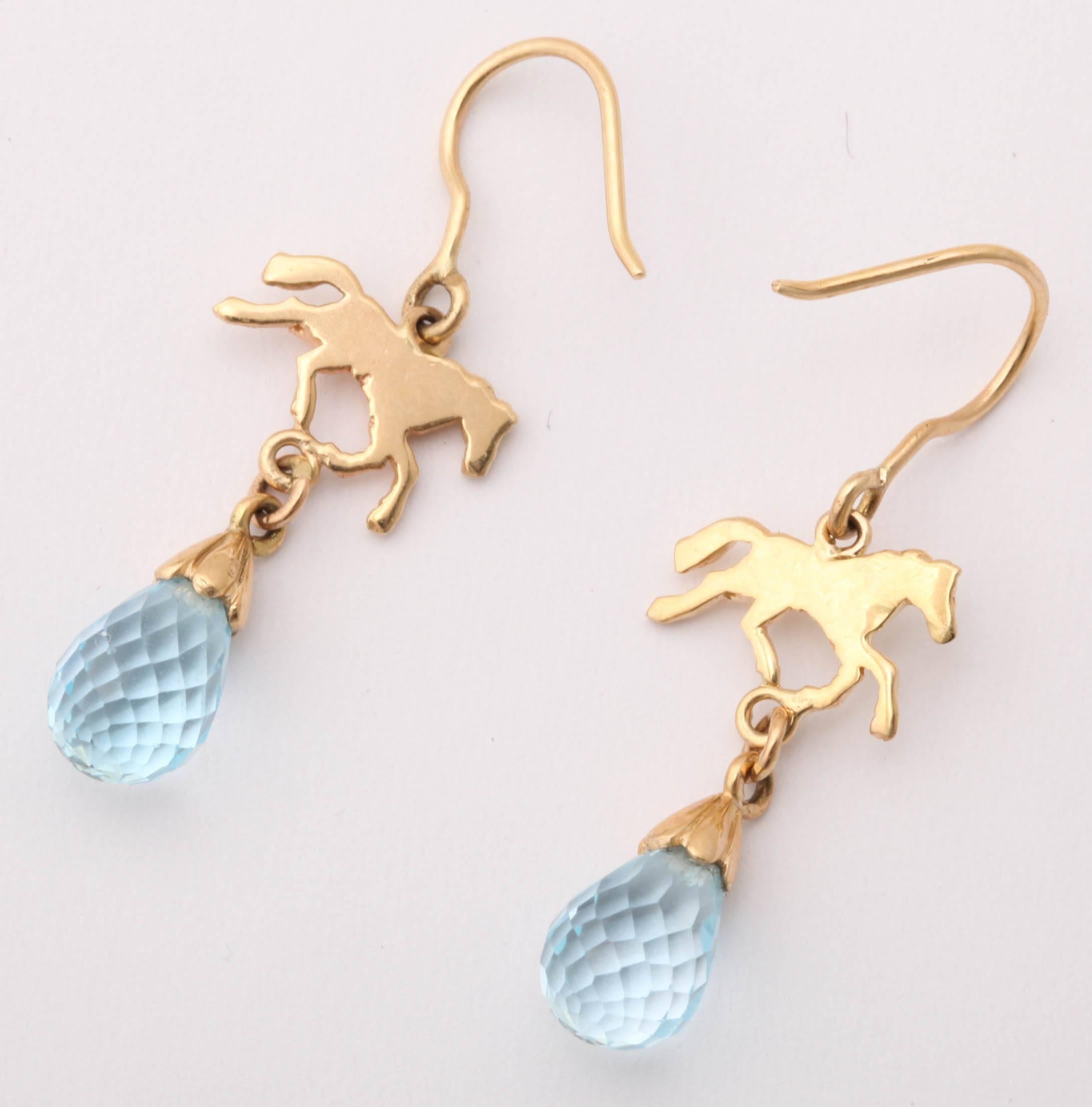 Sporty Blue Topaz Briolette Gold Horse Earrings In New Condition For Sale In TRYON, NC