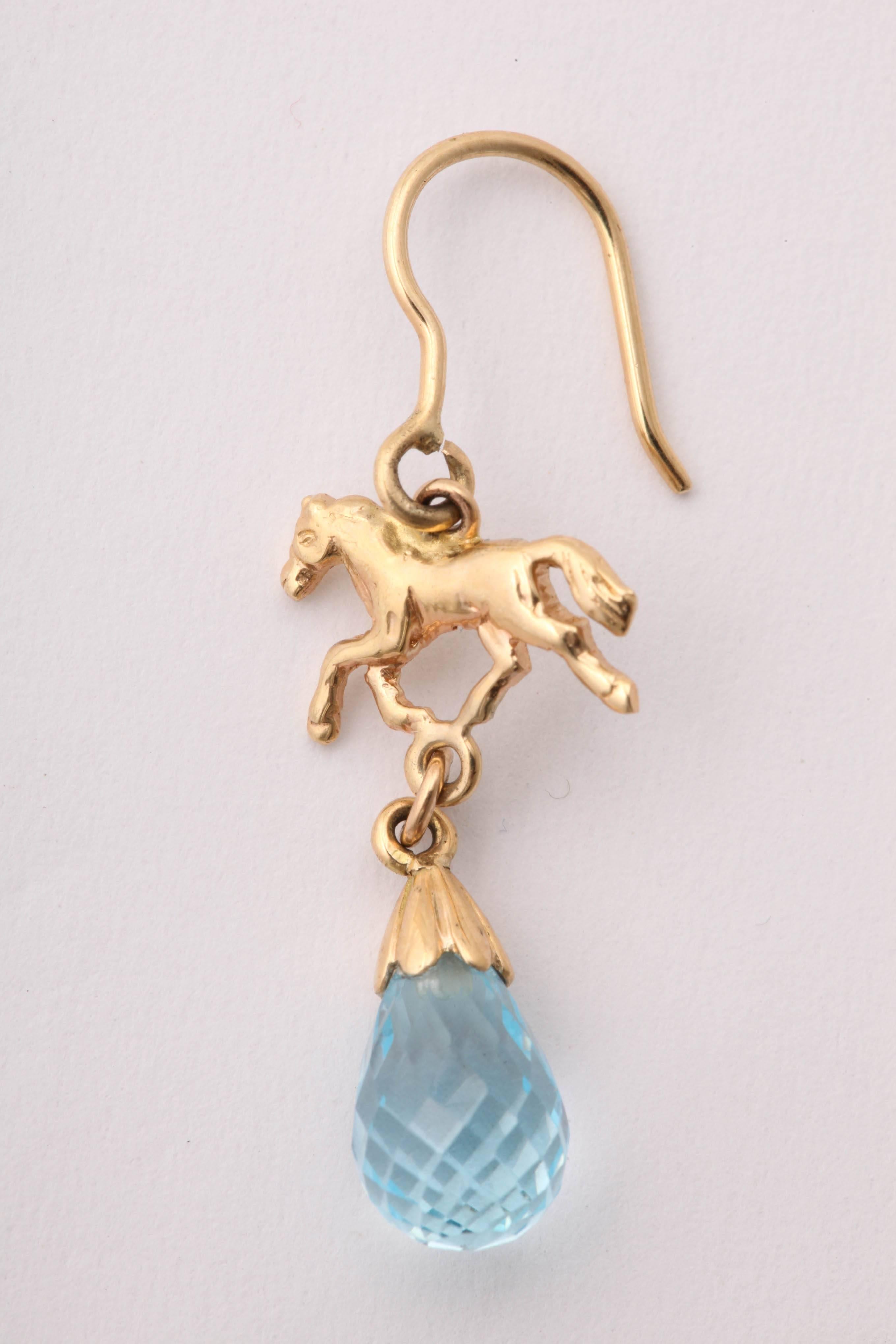 Women's Sporty Blue Topaz Briolette Gold Horse Earrings For Sale