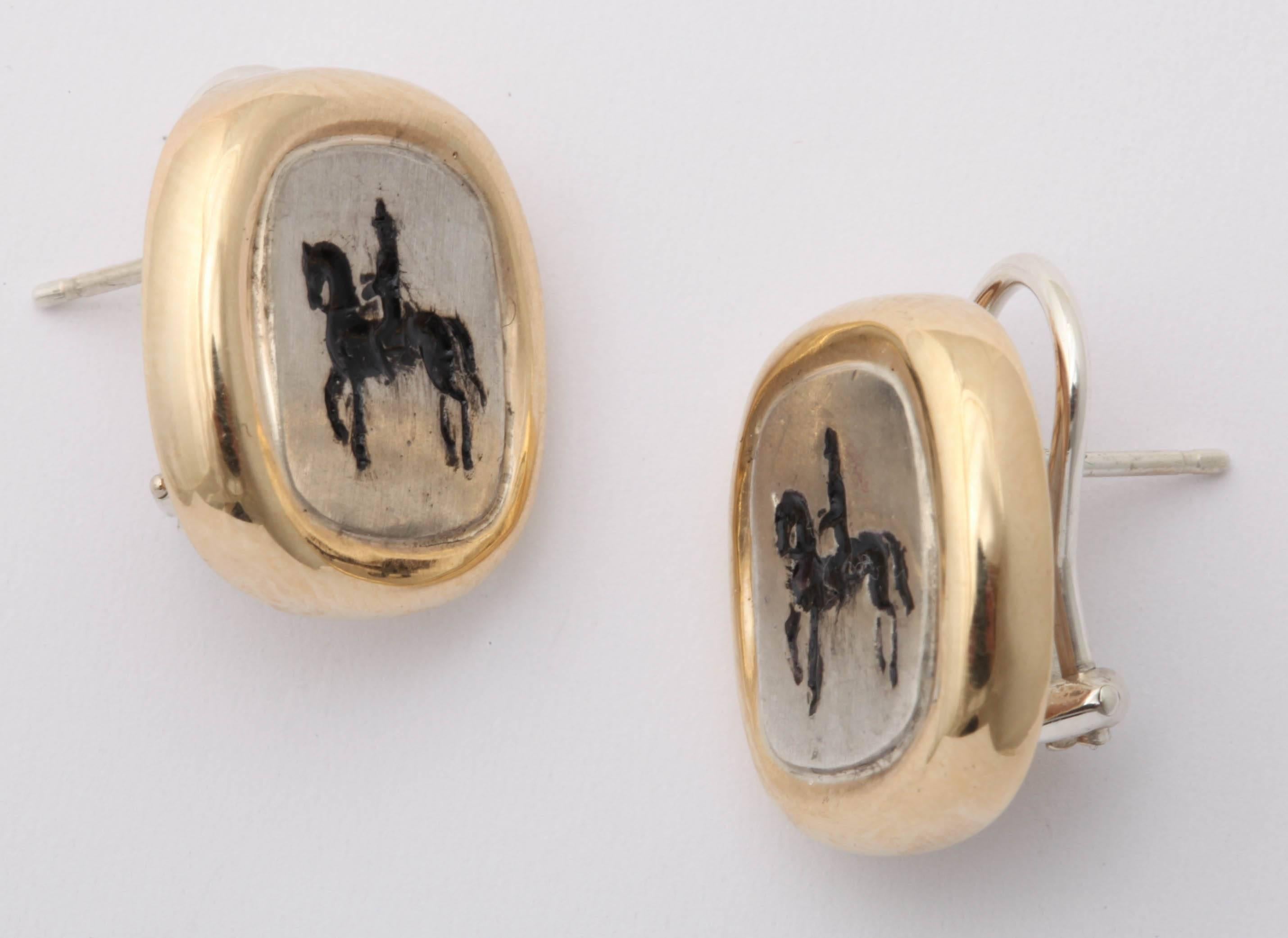 Silver Gold Horse and Rider Earrings In New Condition For Sale In TRYON, NC