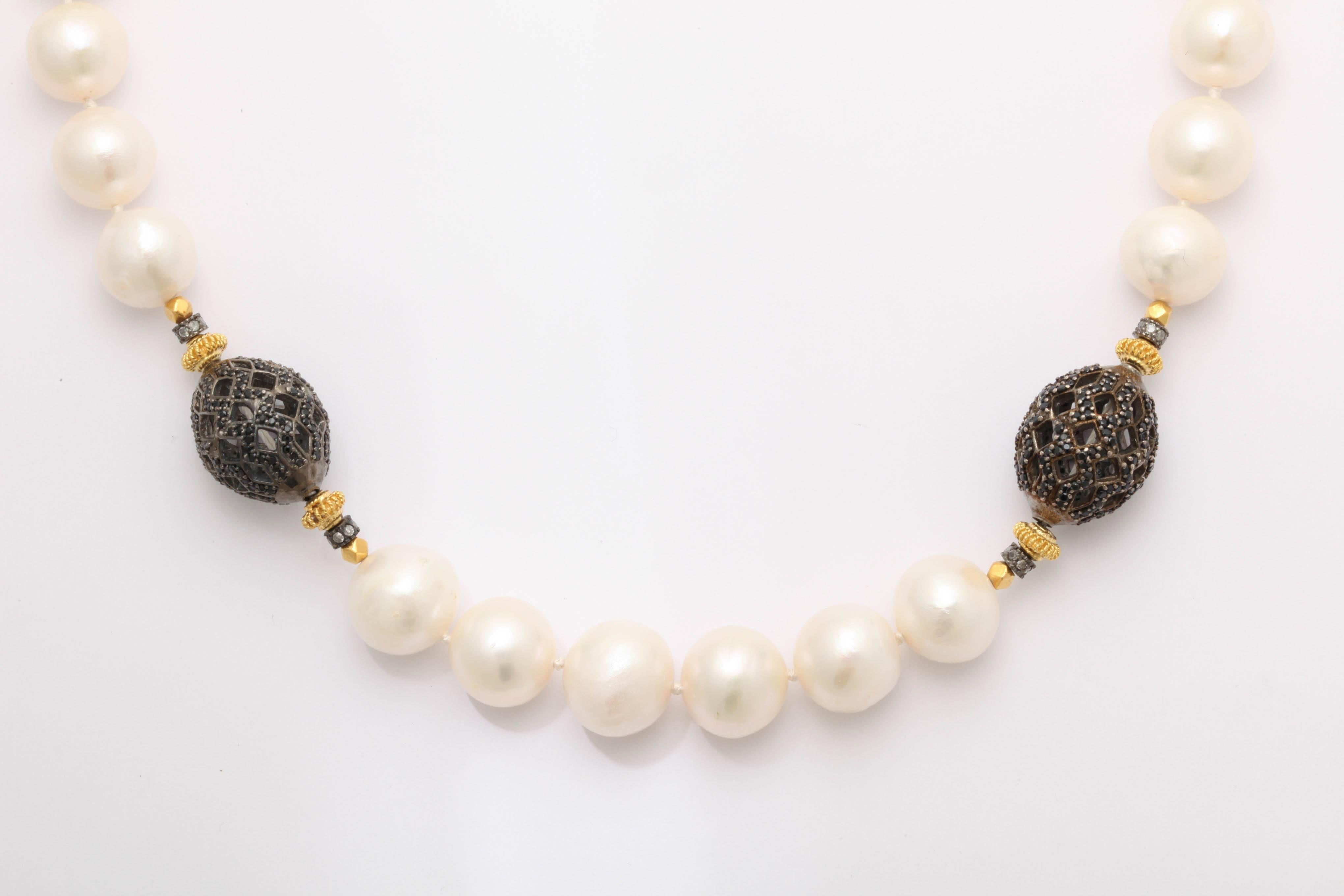 Women's or Men's Unique Pearl Black Spinel Diamond Necklace For Sale