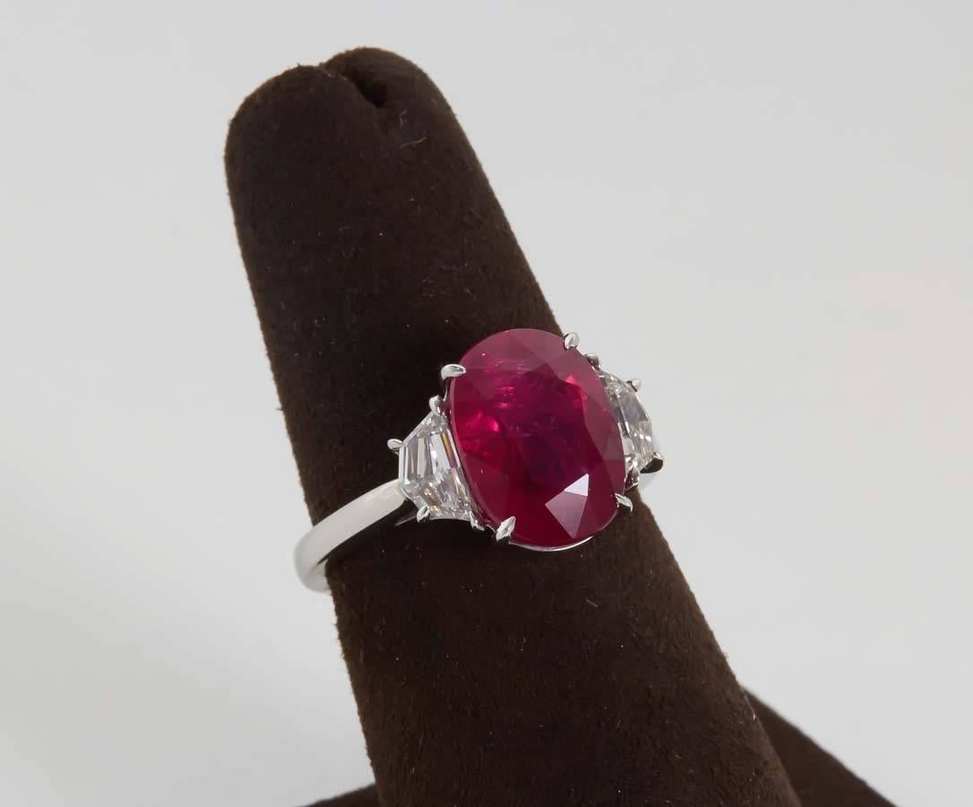 

A bright and brilliant 5.33 carat oval GIA certified Ruby.

Set with .66 carats of side diamonds.

Hand crafted platinum mounting.

An impressive and wearable fine ruby ring. 