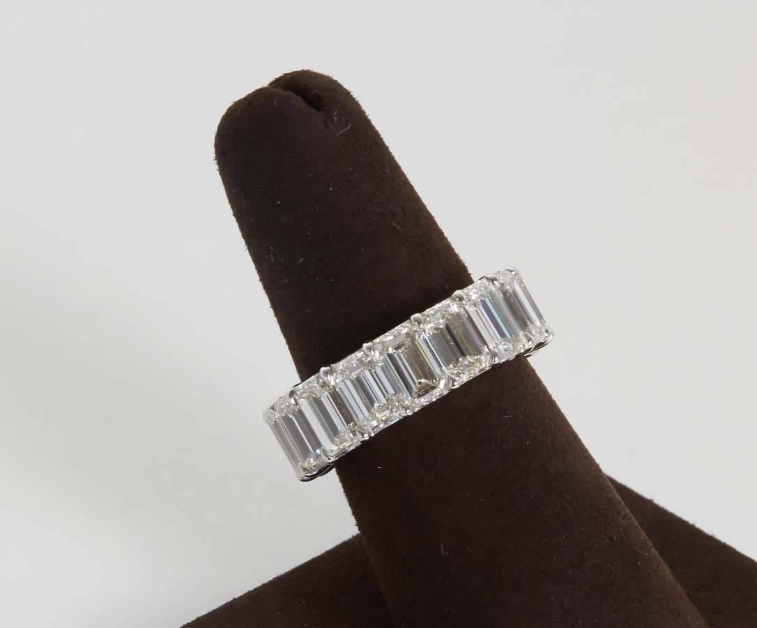 

A magnificent diamond eternity band!

14.11 carats of Emerald cut diamonds G color VS clarity set in a custom platinum mounting. 

The ring is currently a size 6.5 but can be adjusted.
