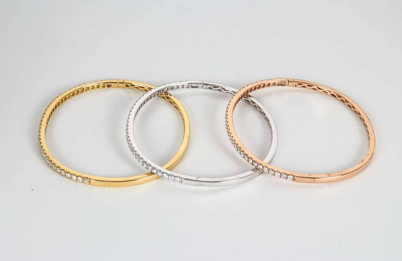Women's Set of Three Diamond White Yellow and Rose Gold Bangle Bracelets