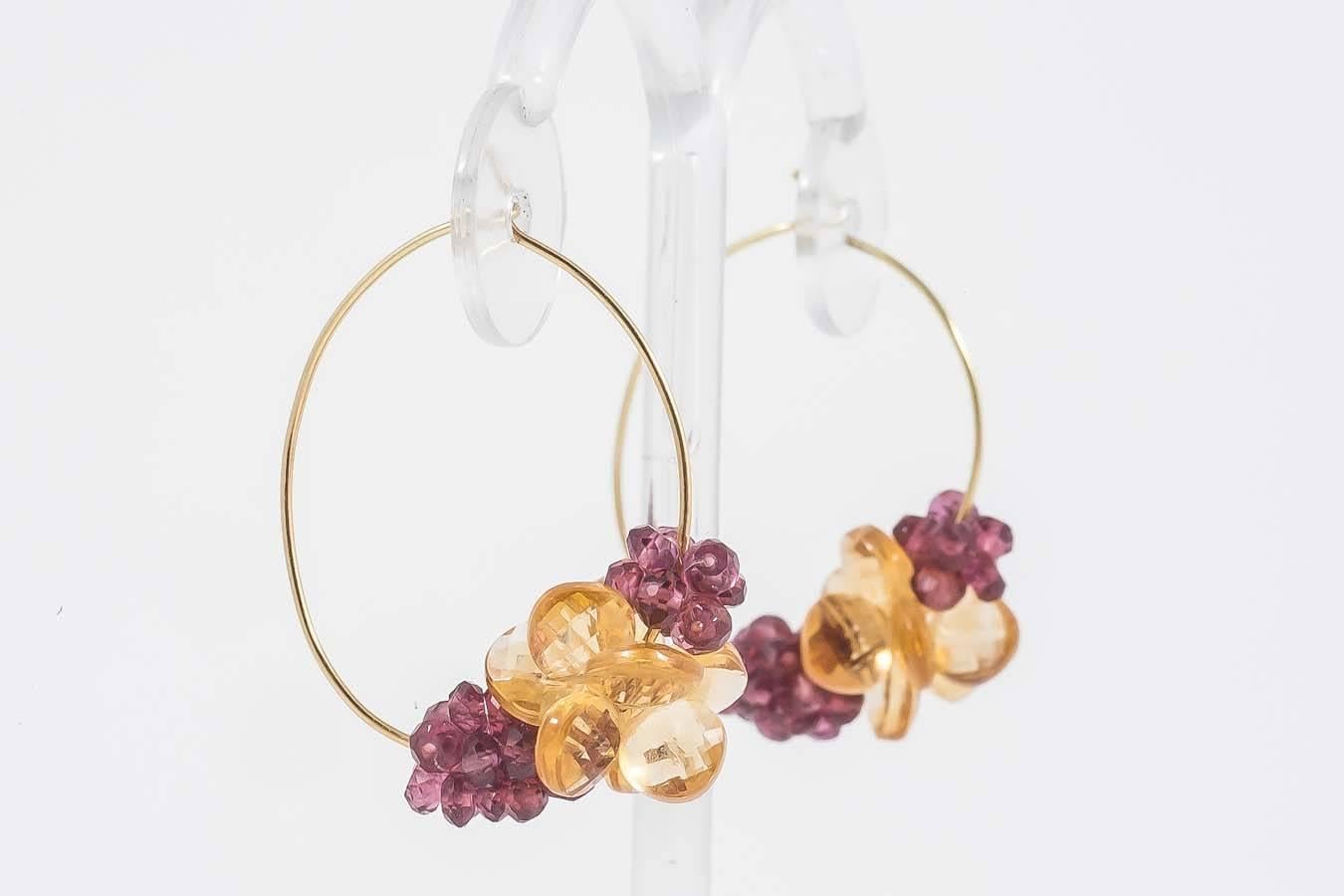 Donna Brennan Citrine Garnet Gold Hoop Earrings For Sale 1