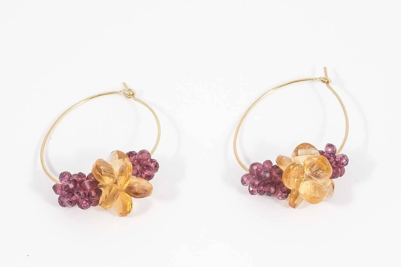 Donna Brennan Citrine Garnet Gold Hoop Earrings In New Condition For Sale In London, GB