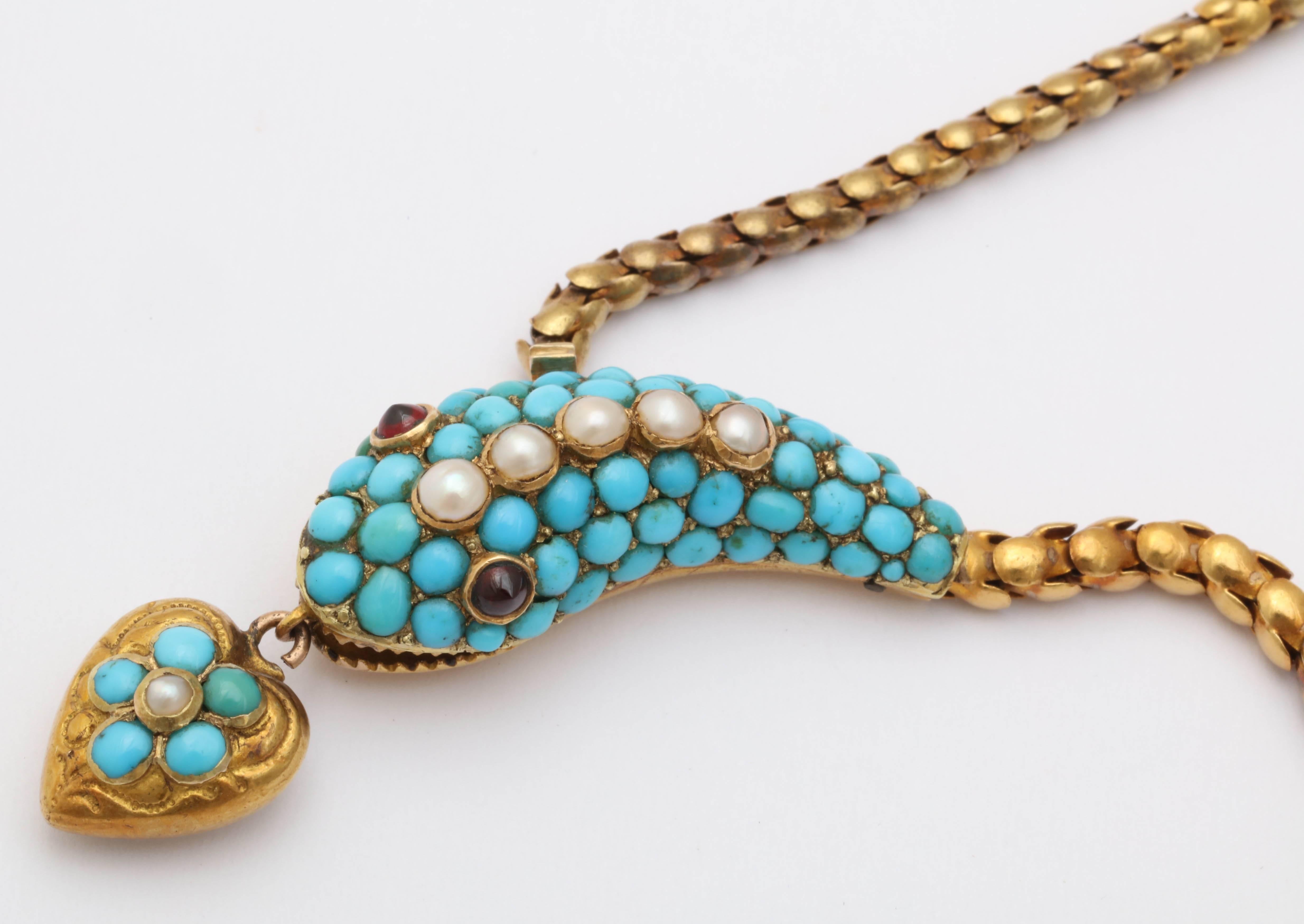 Exquisite Victorian Turquoise, Pearl, Garnet Snake Necklace In Excellent Condition For Sale In New York, NY