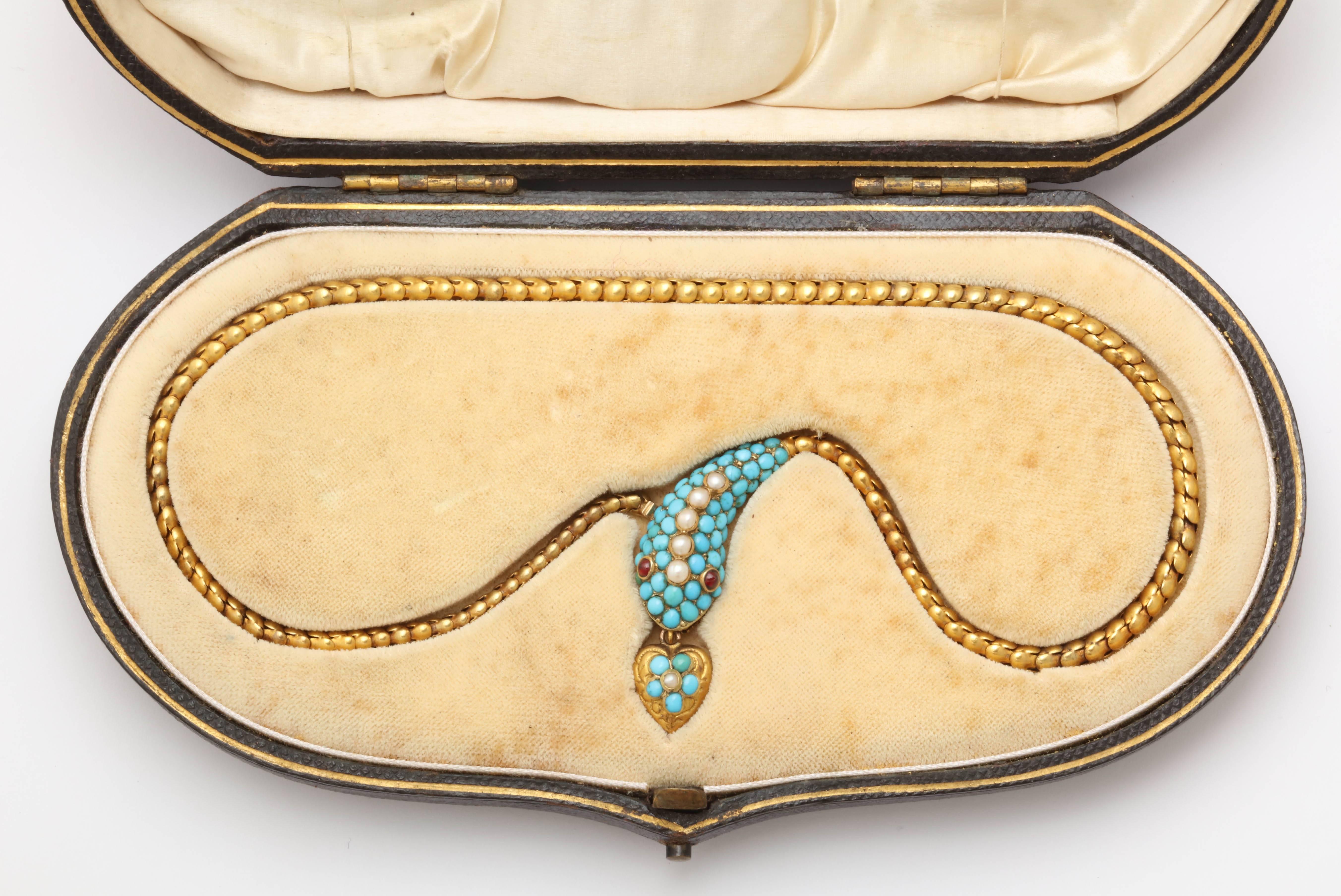 Exquisite Victorian Turquoise, Pearl, Garnet Snake Necklace For Sale 2