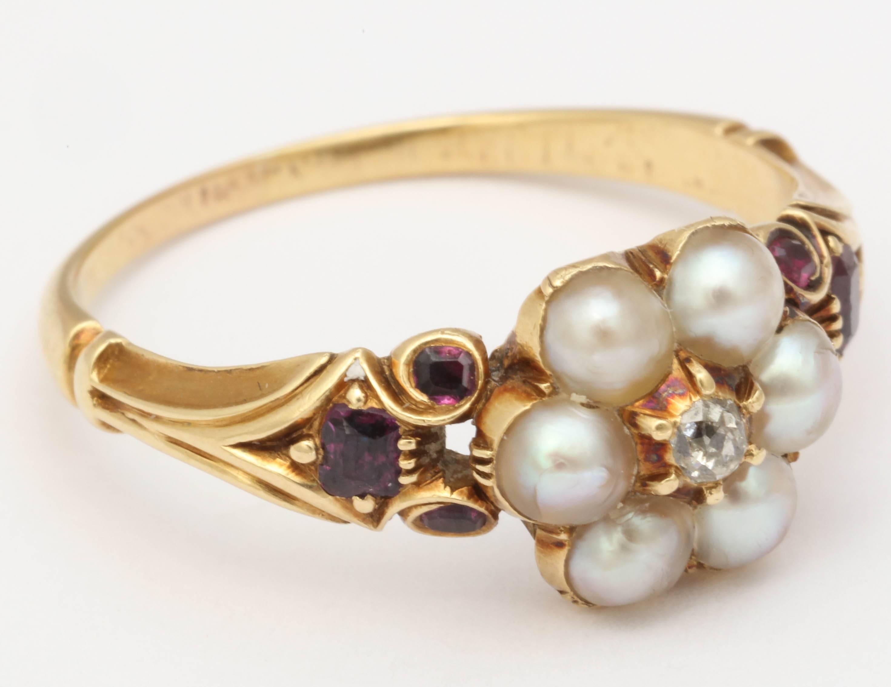 Women's Victorian Natural Pearl Garnet Diamond Gold Scrolled Shank Ring